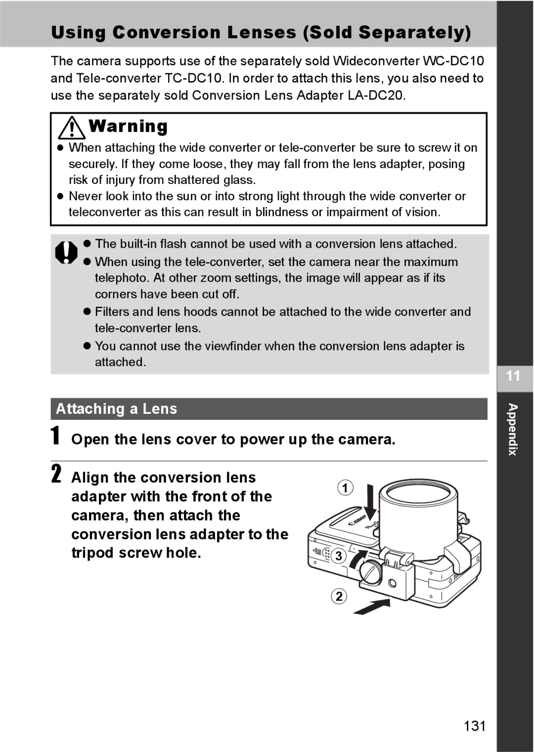 Canon S80 manual Using Conversion Lenses Sold Separately, Attaching a Lens, Open the lens cover to power up the camera, 131 