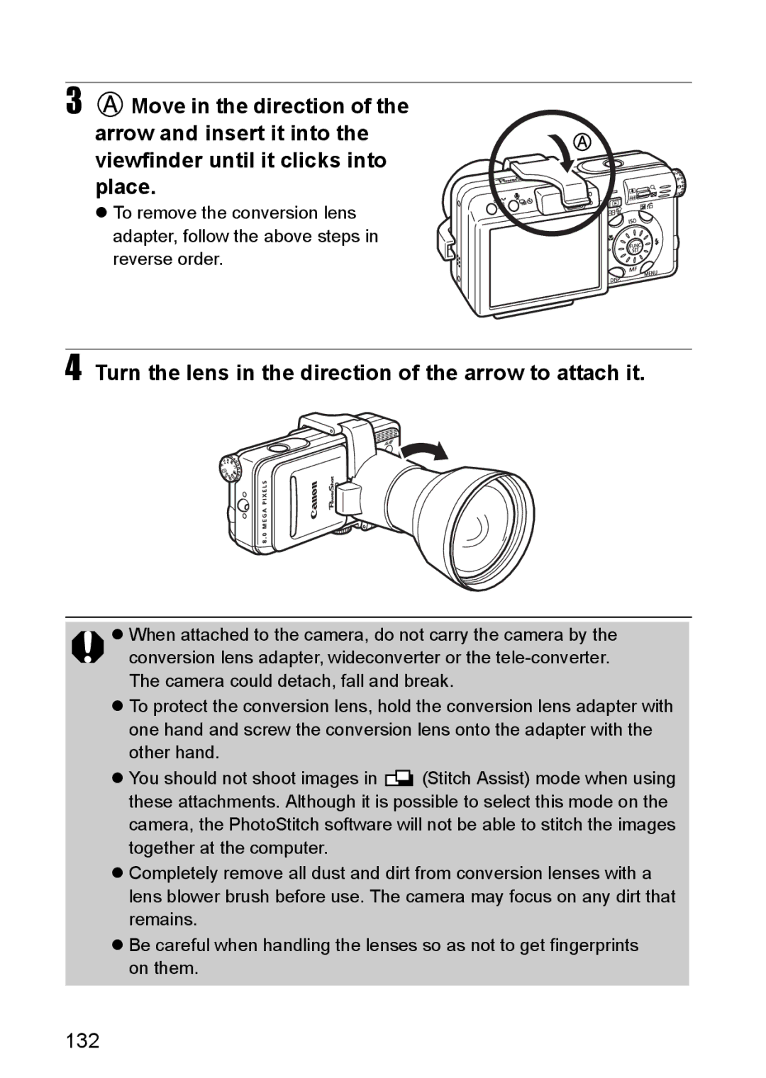 Canon S80 manual Turn the lens in the direction of the arrow to attach it, 132 