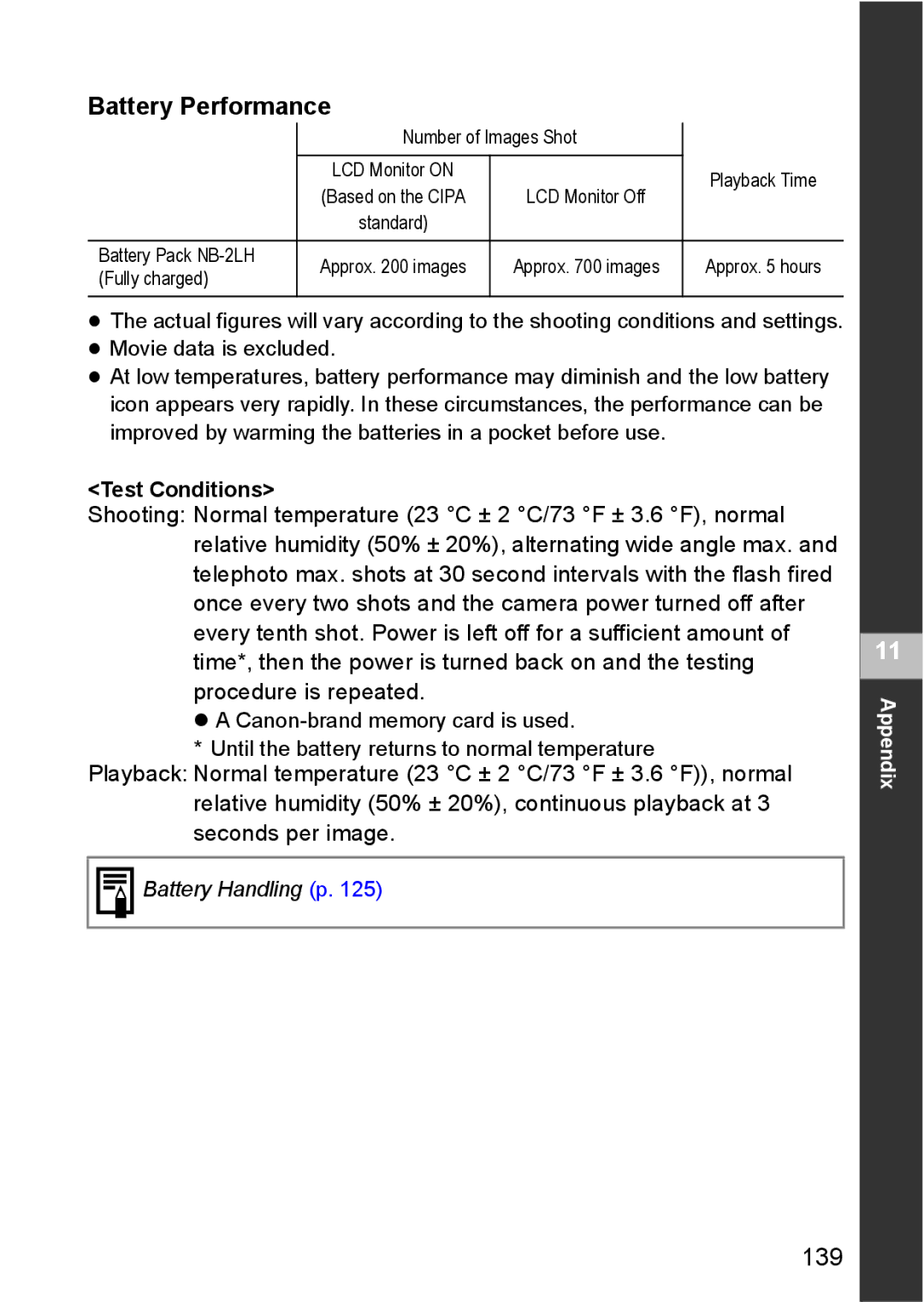 Canon S80 manual Battery Performance, 139, Test Conditions 