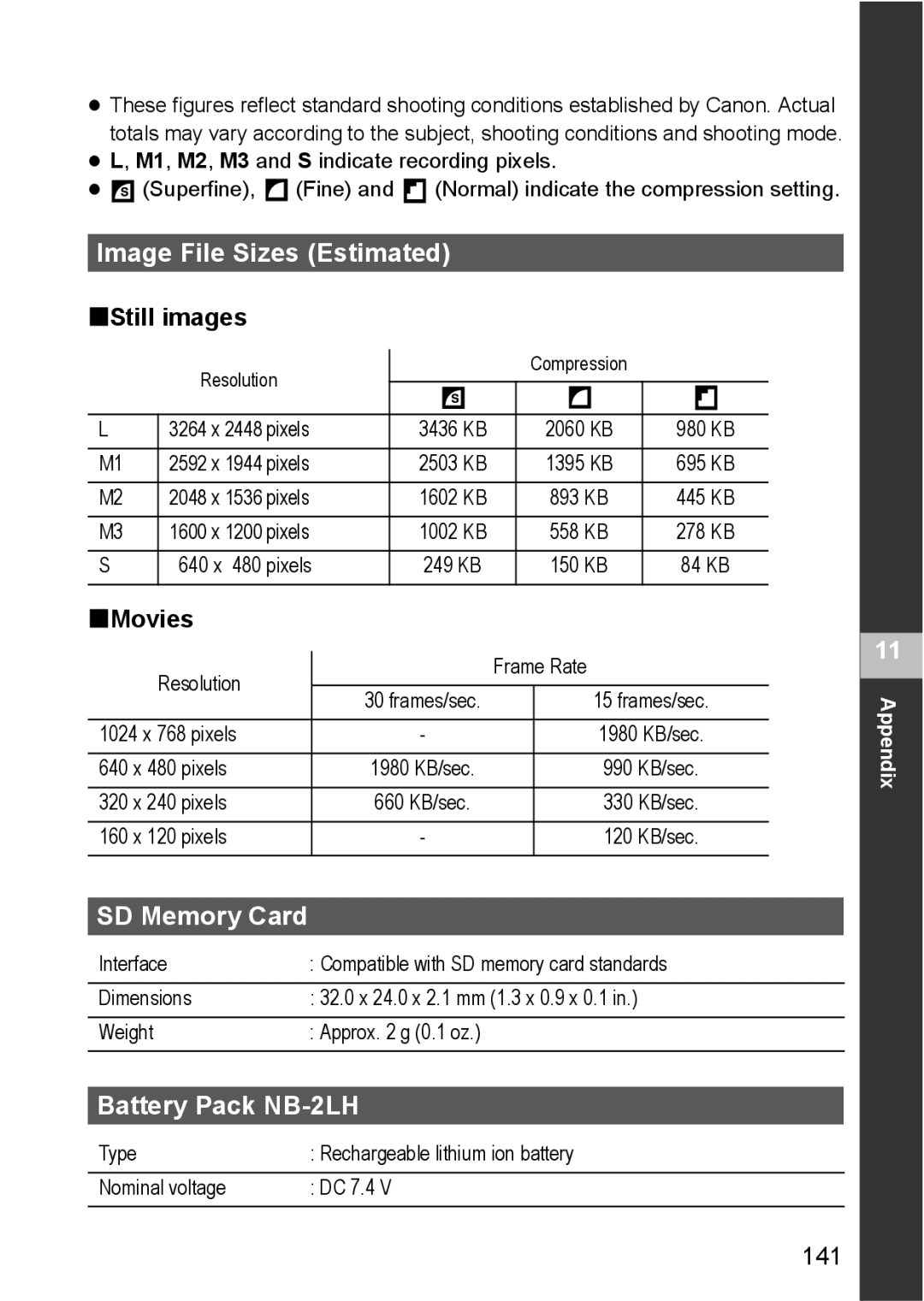 Canon S80 manual Image File Sizes Estimated, SD Memory Card, Battery Pack NB-2LH, 141 