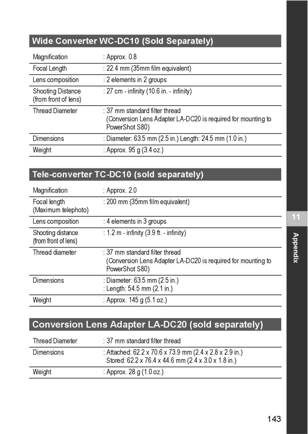 Canon S80 manual Wide Converter WC-DC10 Sold Separately, Tele-converter TC-DC10 sold separately, 143 