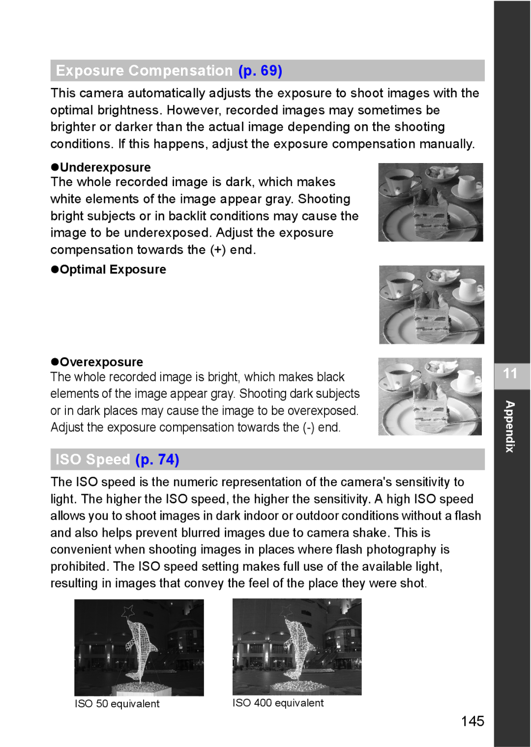 Canon S80 manual Exposure Compensation p, ISO Speed p, 145, ZUnderexposure, ZOptimal Exposure ZOverexposure 
