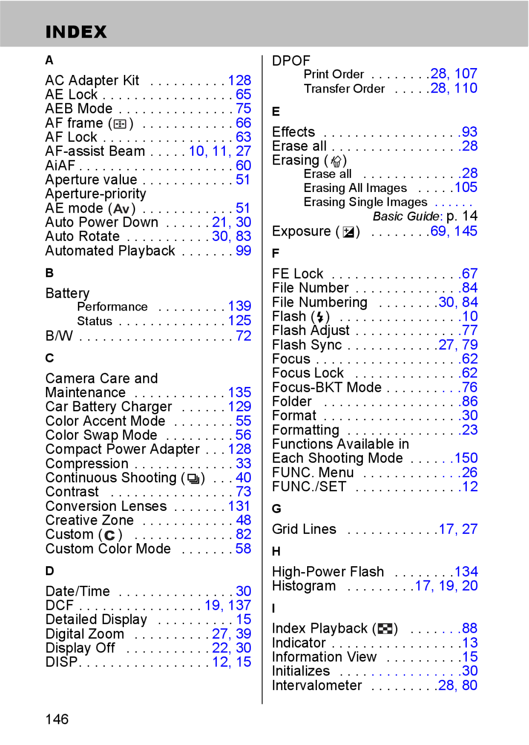 Canon S80 manual Print Order . . . . . . . .28, Intervalometer . . . . . . . . .28 146 