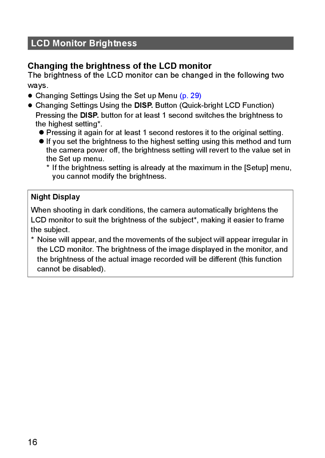 Canon S80 manual LCD Monitor Brightness, Changing the brightness of the LCD monitor, Night Display 