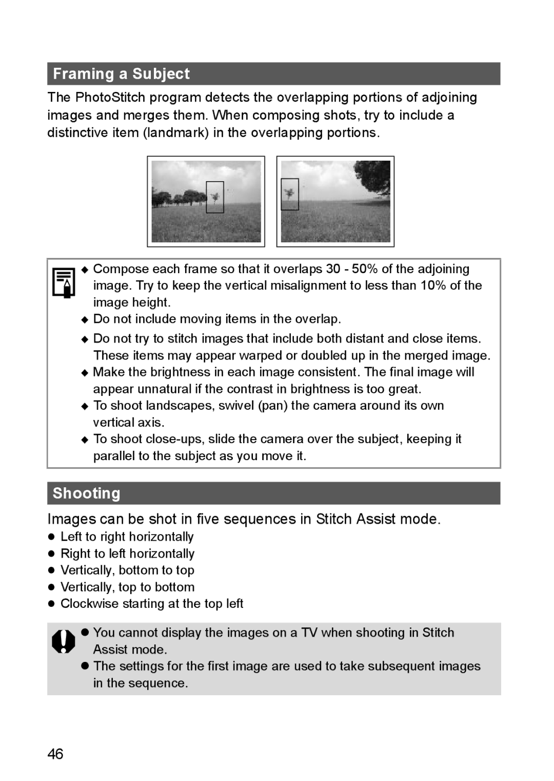 Canon S80 manual Framing a Subject, Shooting, Images can be shot in five sequences in Stitch Assist mode 