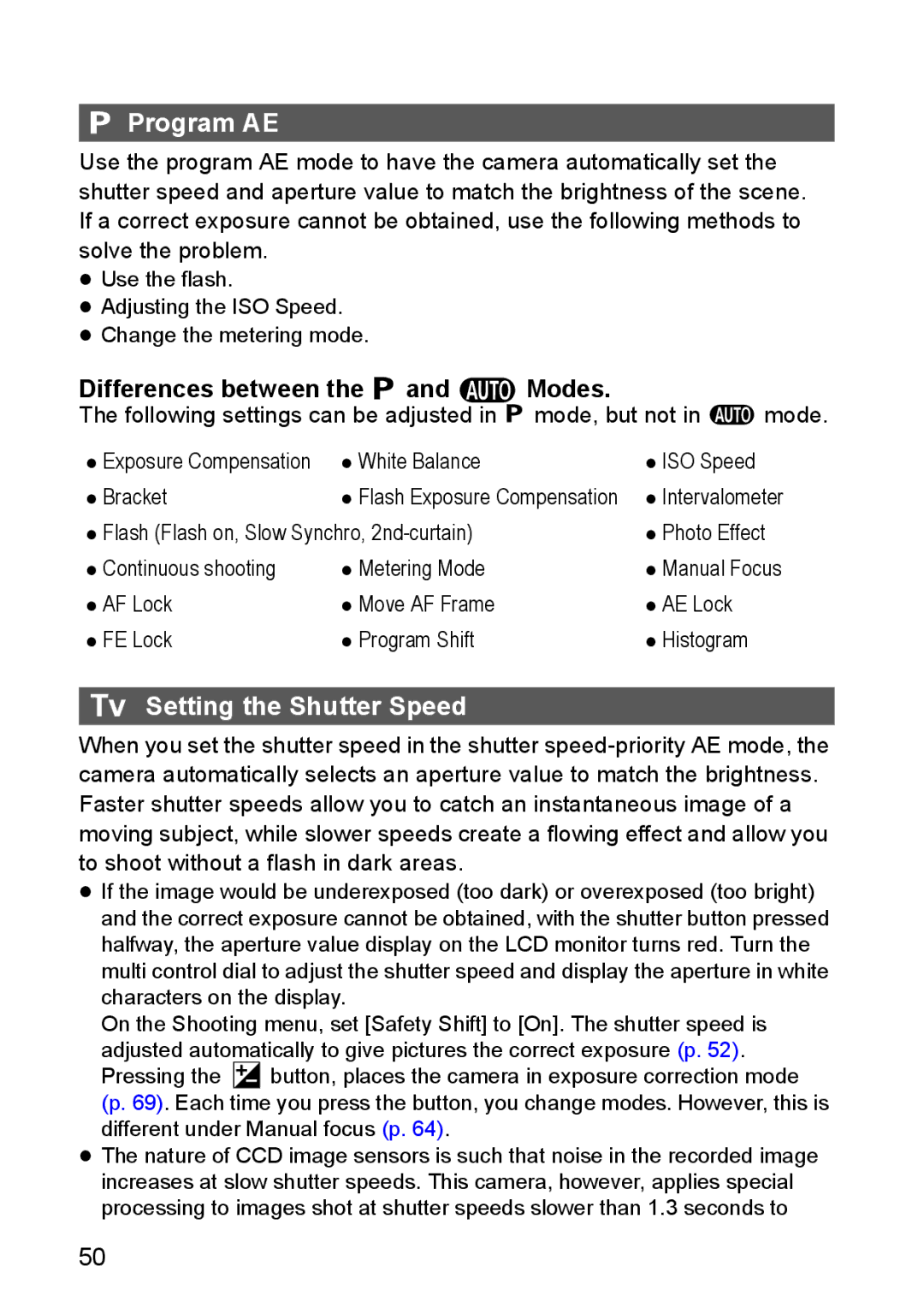 Canon S80 manual Program AE, Differences between the and Modes, Setting the Shutter Speed 