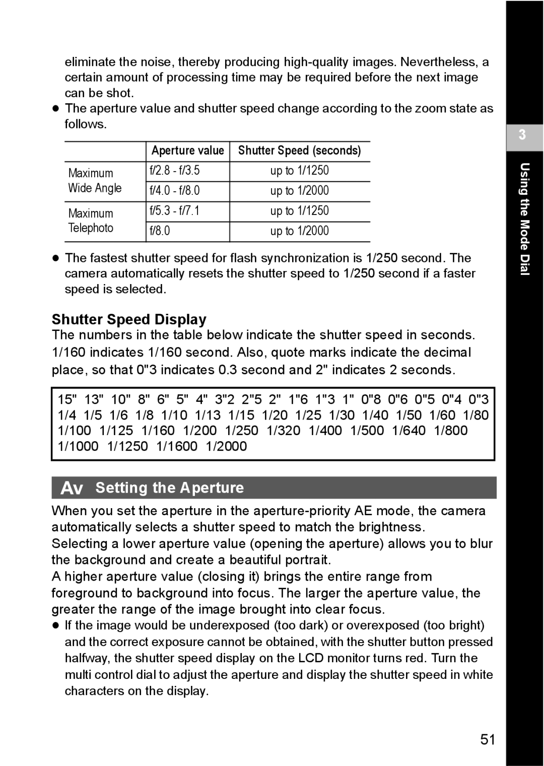 Canon S80 manual Shutter Speed Display, Setting the Aperture, Aperture value Shutter Speed seconds 