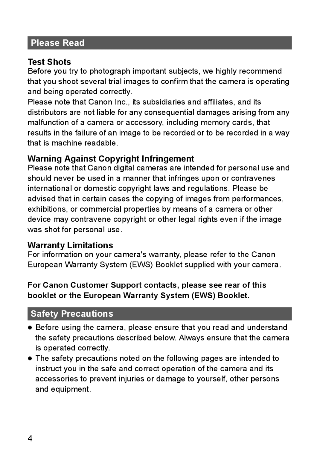 Canon S80 manual Please Read, Test Shots, Warranty Limitations, Safety Precautions 