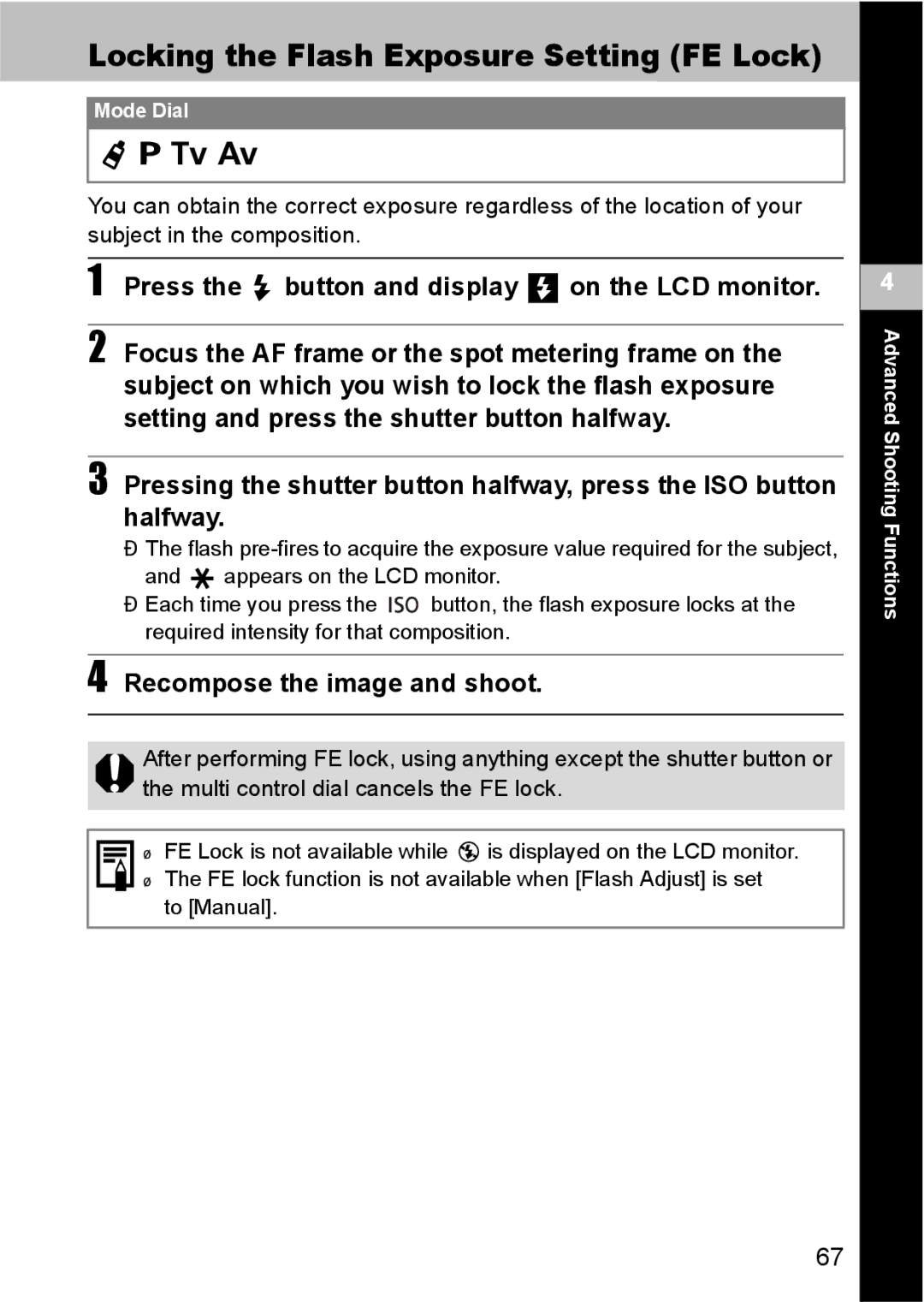 Canon S80 manual Locking the Flash Exposure Setting FE Lock, Press the button and display on the LCD monitor 