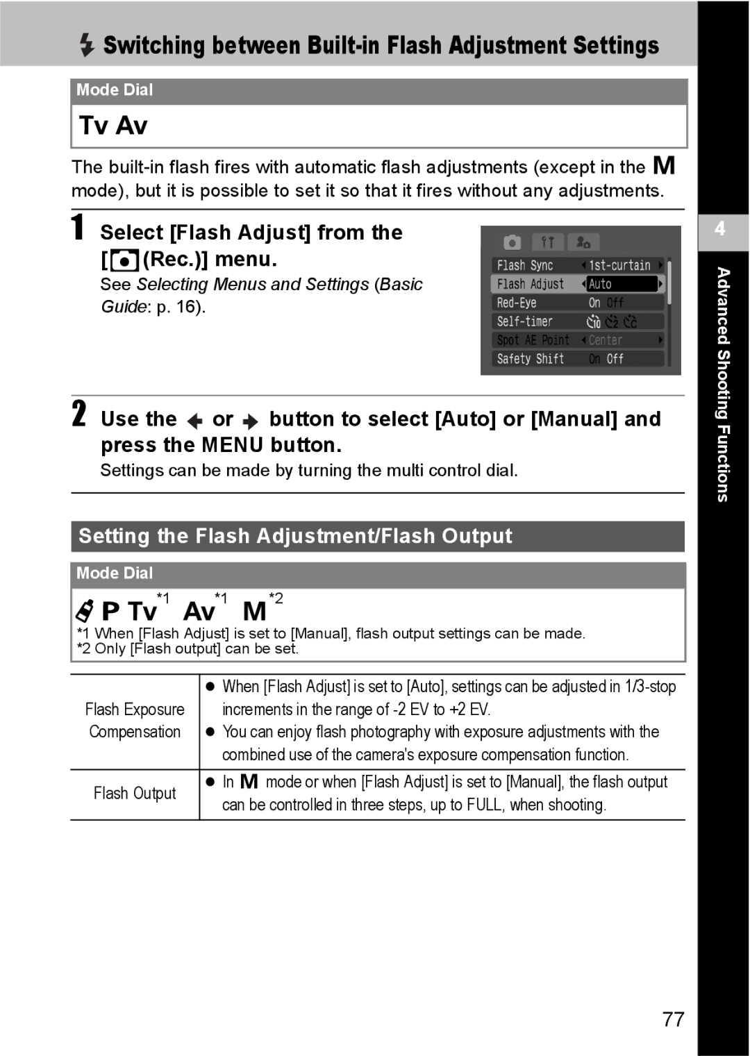 Canon S80 manual Switching between Built-in Flash Adjustment Settings, Select Flash Adjust from the Rec. menu 