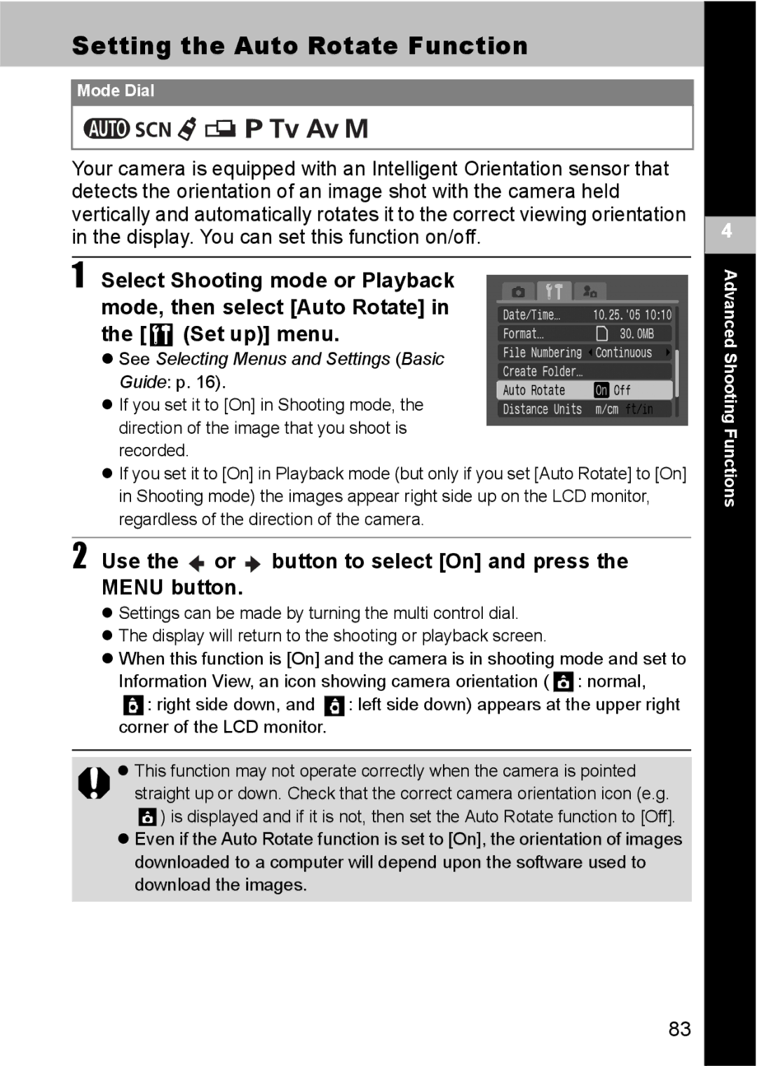 Canon S80 manual Setting the Auto Rotate Function, Use the or button to select On and press Menu button 