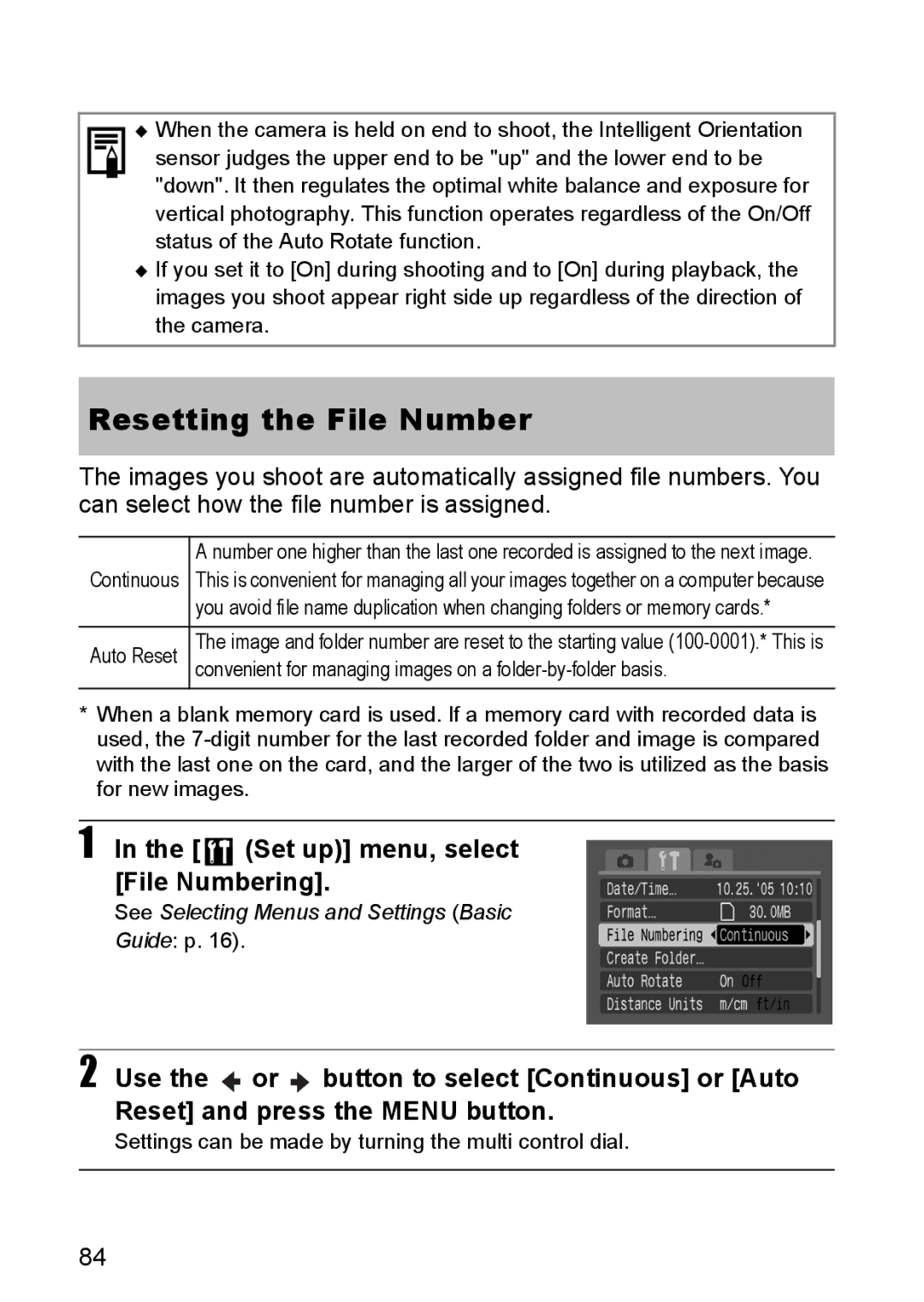 Canon S80 manual Resetting the File Number, Set up menu, select File Numbering 