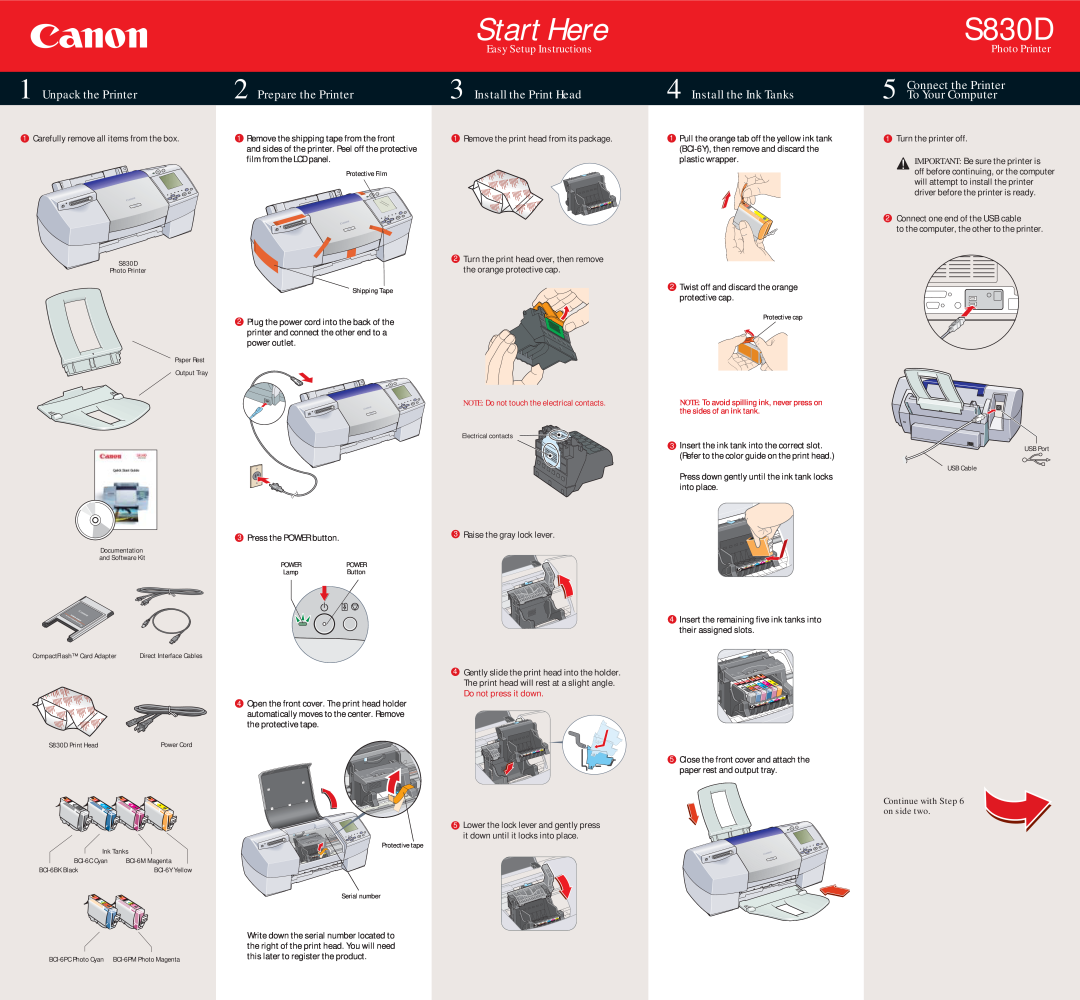 Canon S830D manual Unpack the Printer, Prepare the Printer, Install the Print Head, Install the Ink Tanks, Start Here 