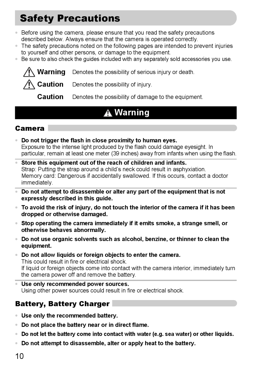 Canon S90 Safety Precautions, Camera, Battery, Battery Charger, Do not trigger the flash in close proximity to human eyes 