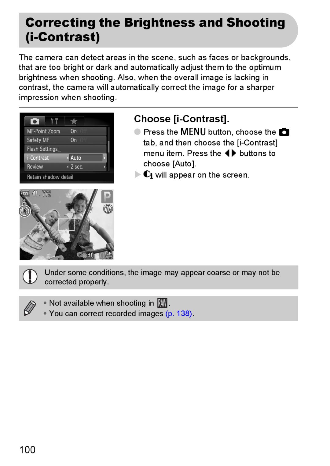 Canon S90 manual Correcting the Brightness and Shooting i-Contrast, Choose i-Contrast, 100 