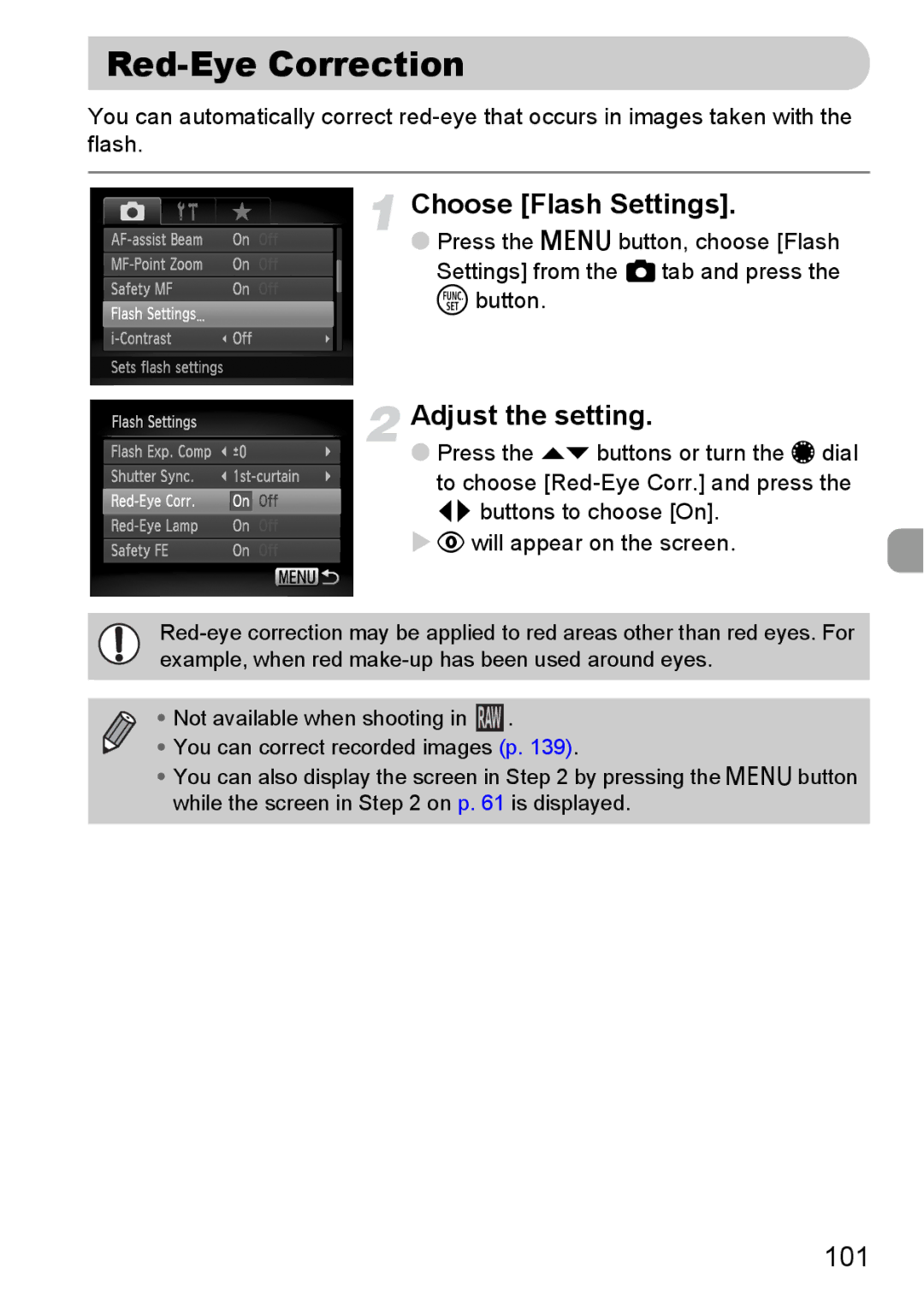 Canon S90 manual Red-Eye Correction, Choose Flash Settings, Adjust the setting, 101 