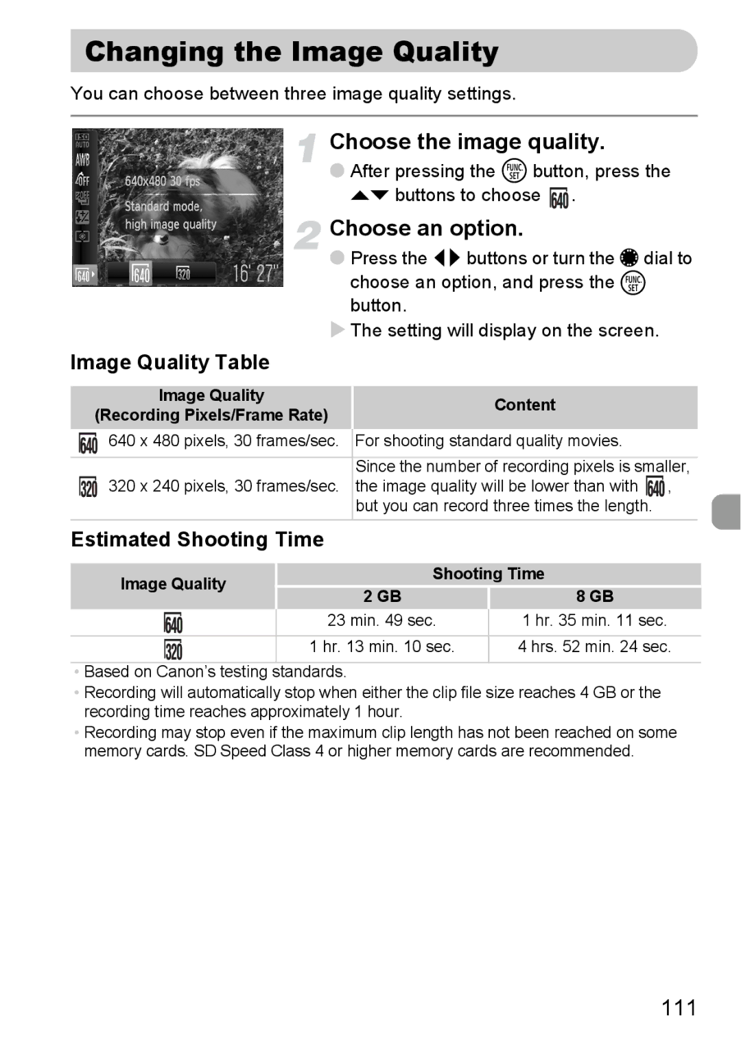 Canon S90 manual Changing the Image Quality, 111, Image Quality Table, Estimated Shooting Time 