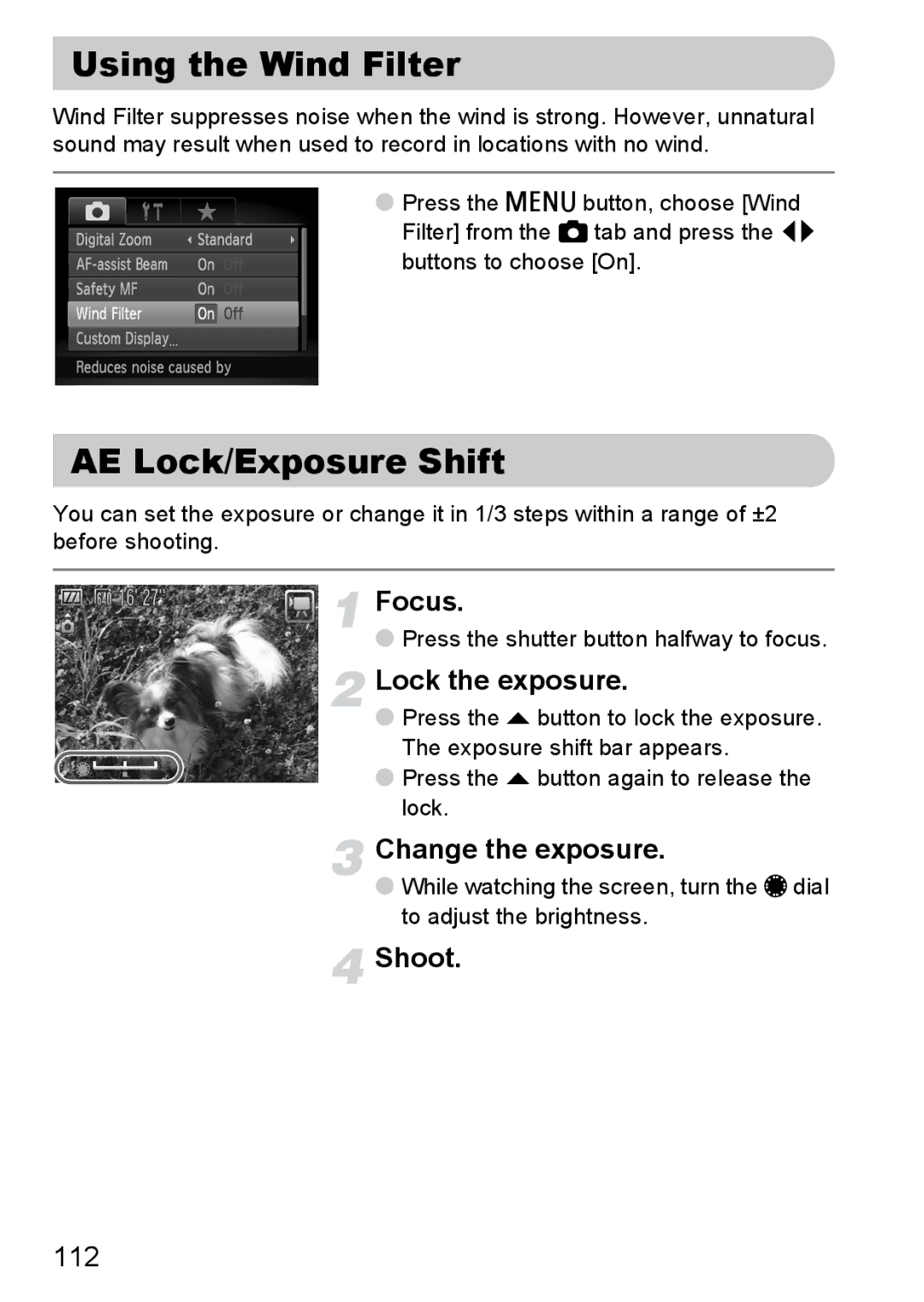 Canon S90 manual Using the Wind Filter, AE Lock/Exposure Shift, Change the exposure, 112 