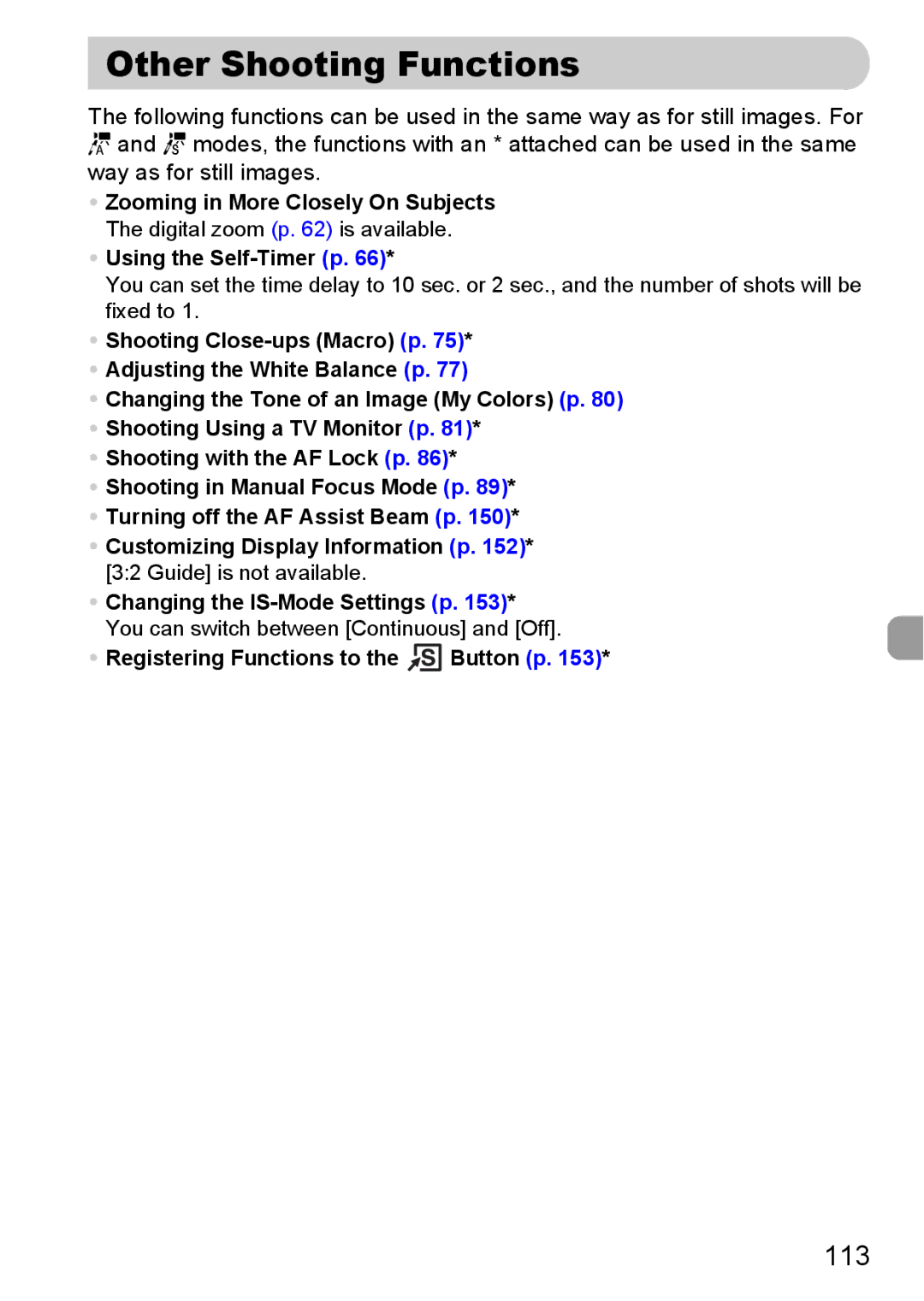 Canon S90 manual Other Shooting Functions, 113 