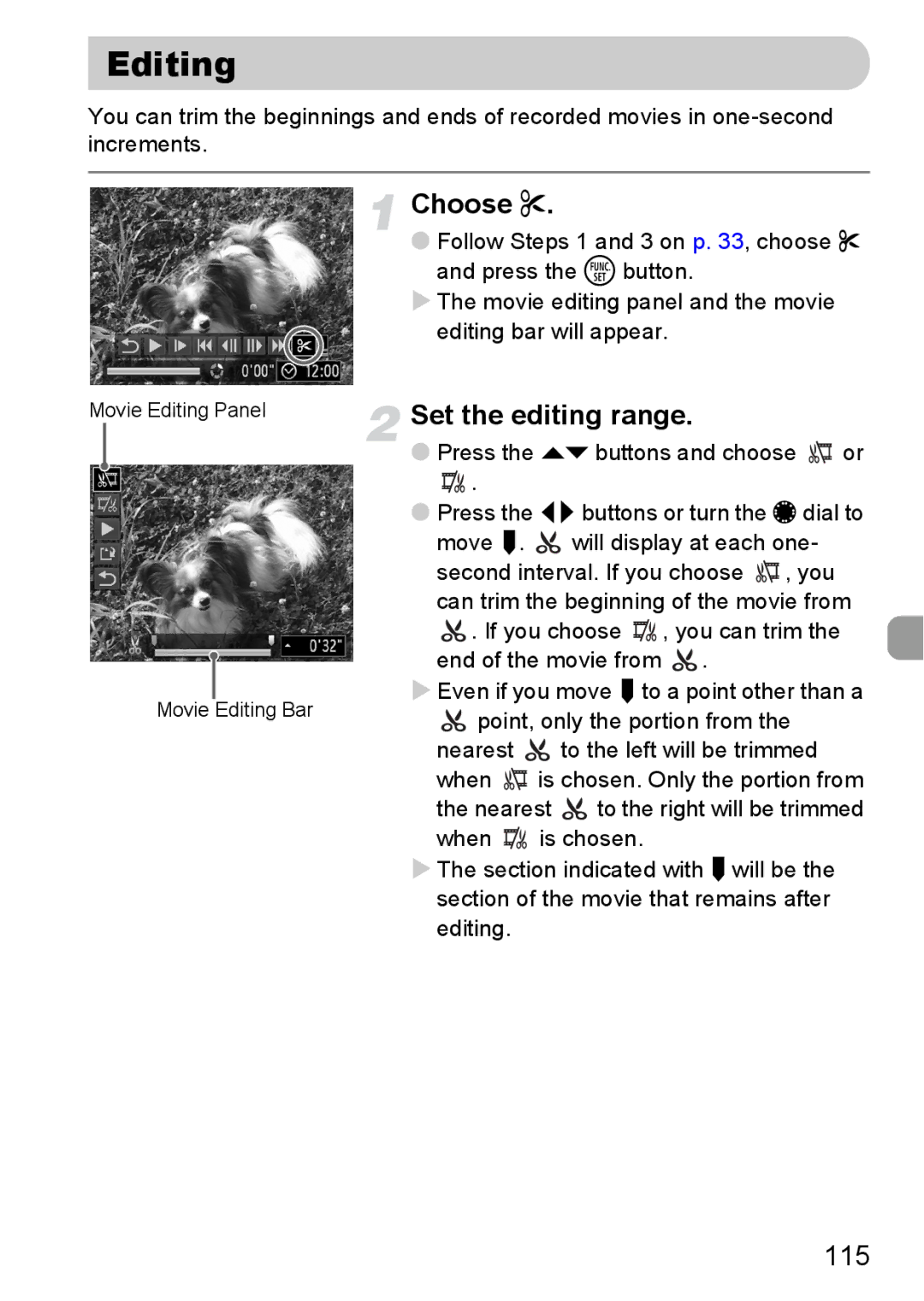 Canon S90 manual Editing, Set the editing range, 115 