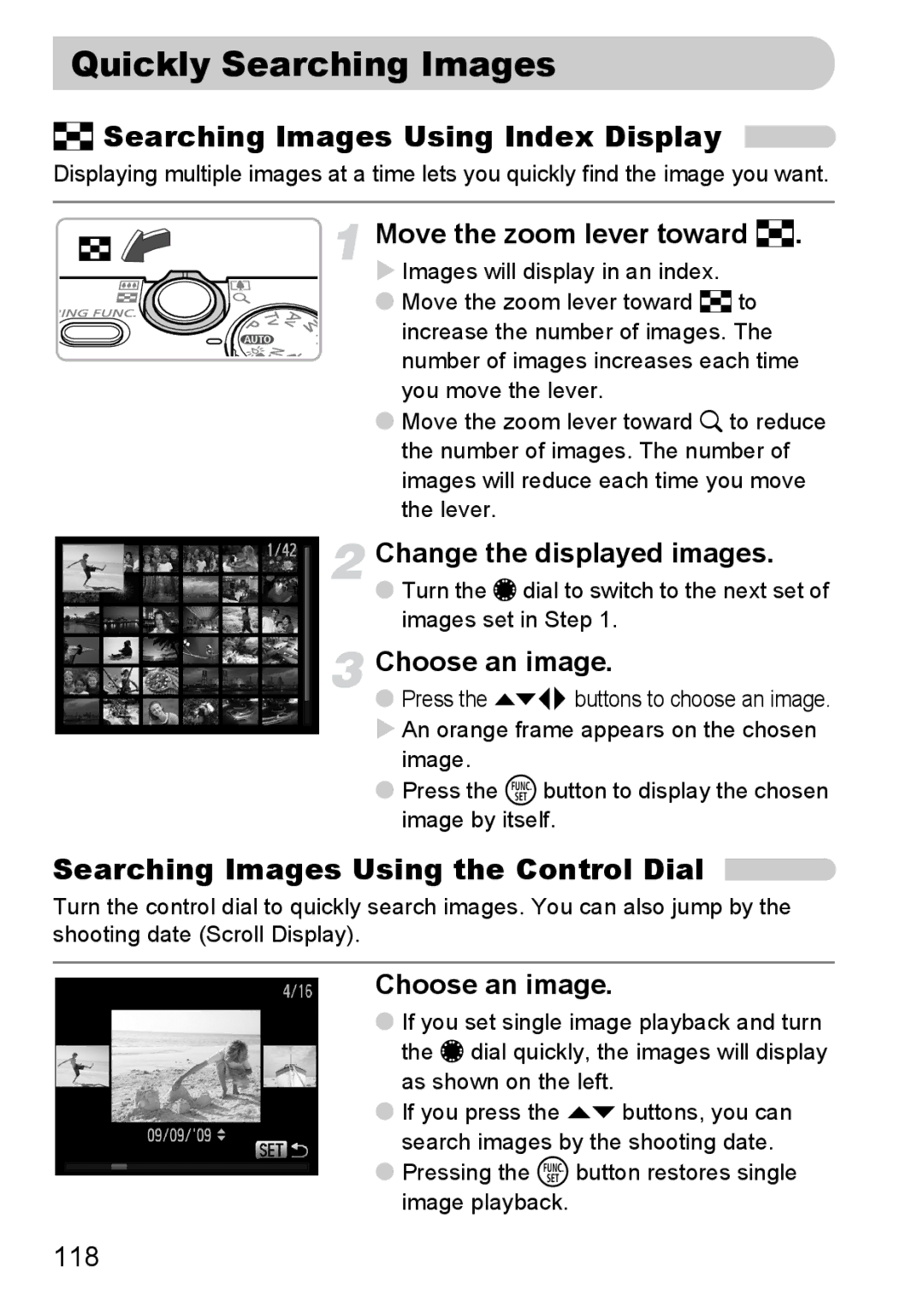 Canon S90 manual Quickly Searching Images, Searching Images Using Index Display, Searching Images Using the Control Dial 