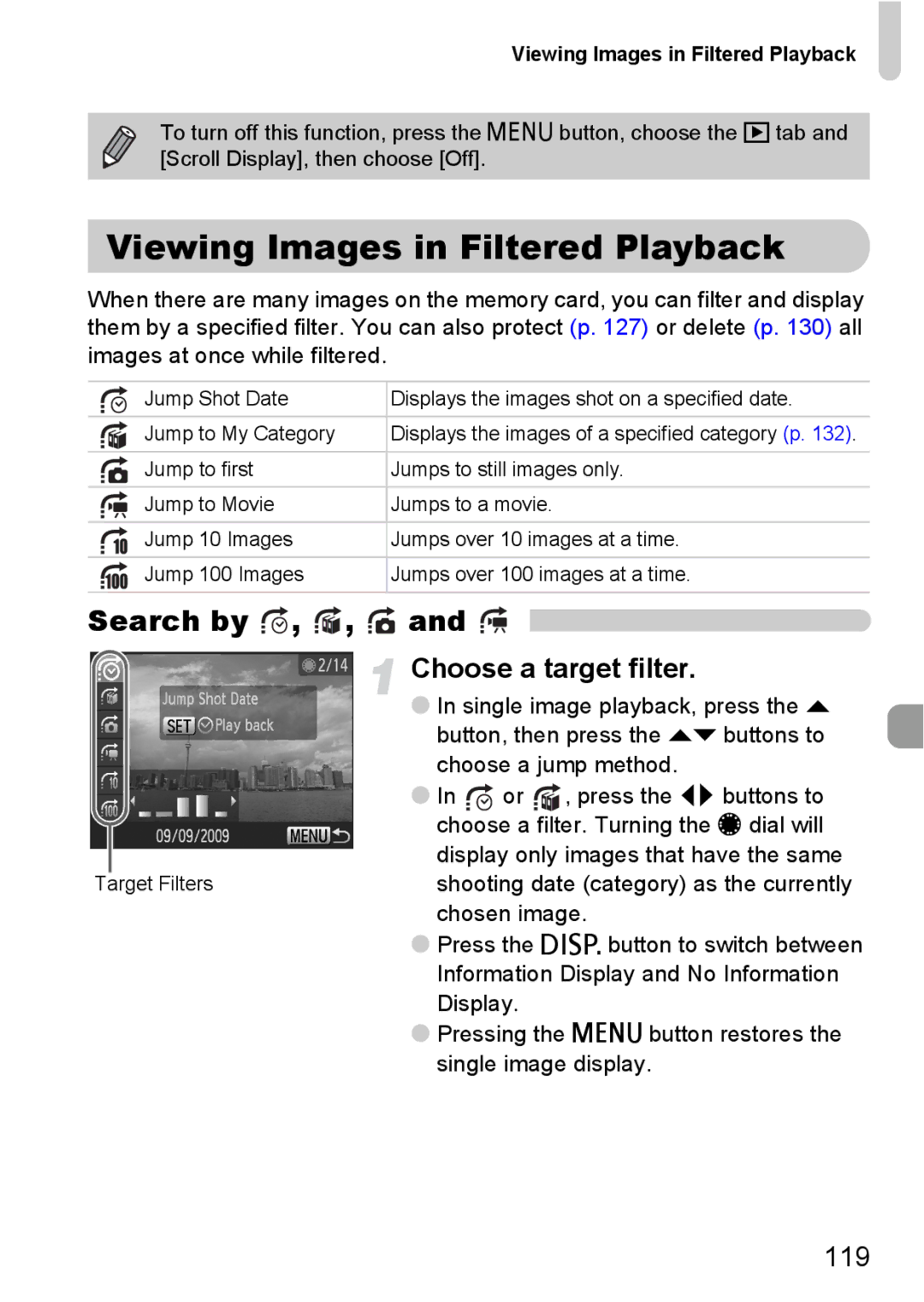 Canon S90 manual Viewing Images in Filtered Playback, Search by, Choose a target filter, 119 