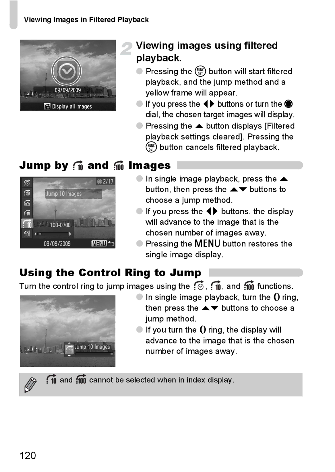 Canon S90 manual Jump by and Images, Using the Control Ring to Jump, Viewing images using filtered playback, 120 