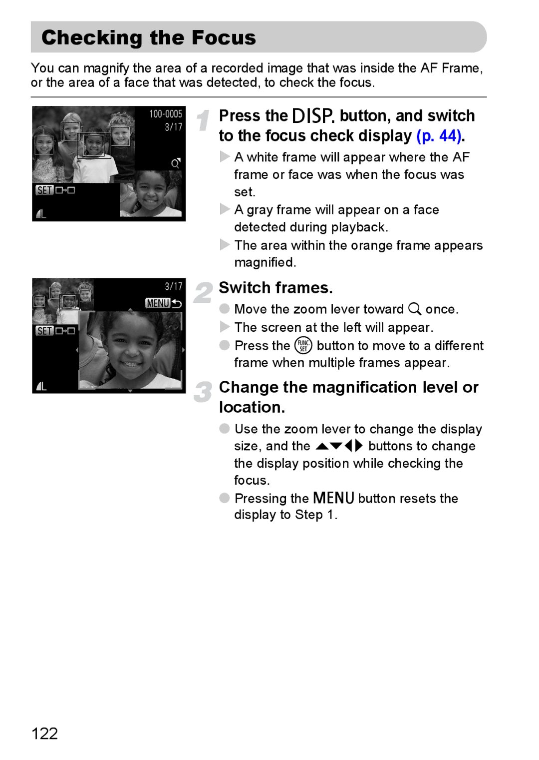 Canon S90 manual Checking the Focus, Press the l button, and switch to the focus check display p, Switch frames, 122 