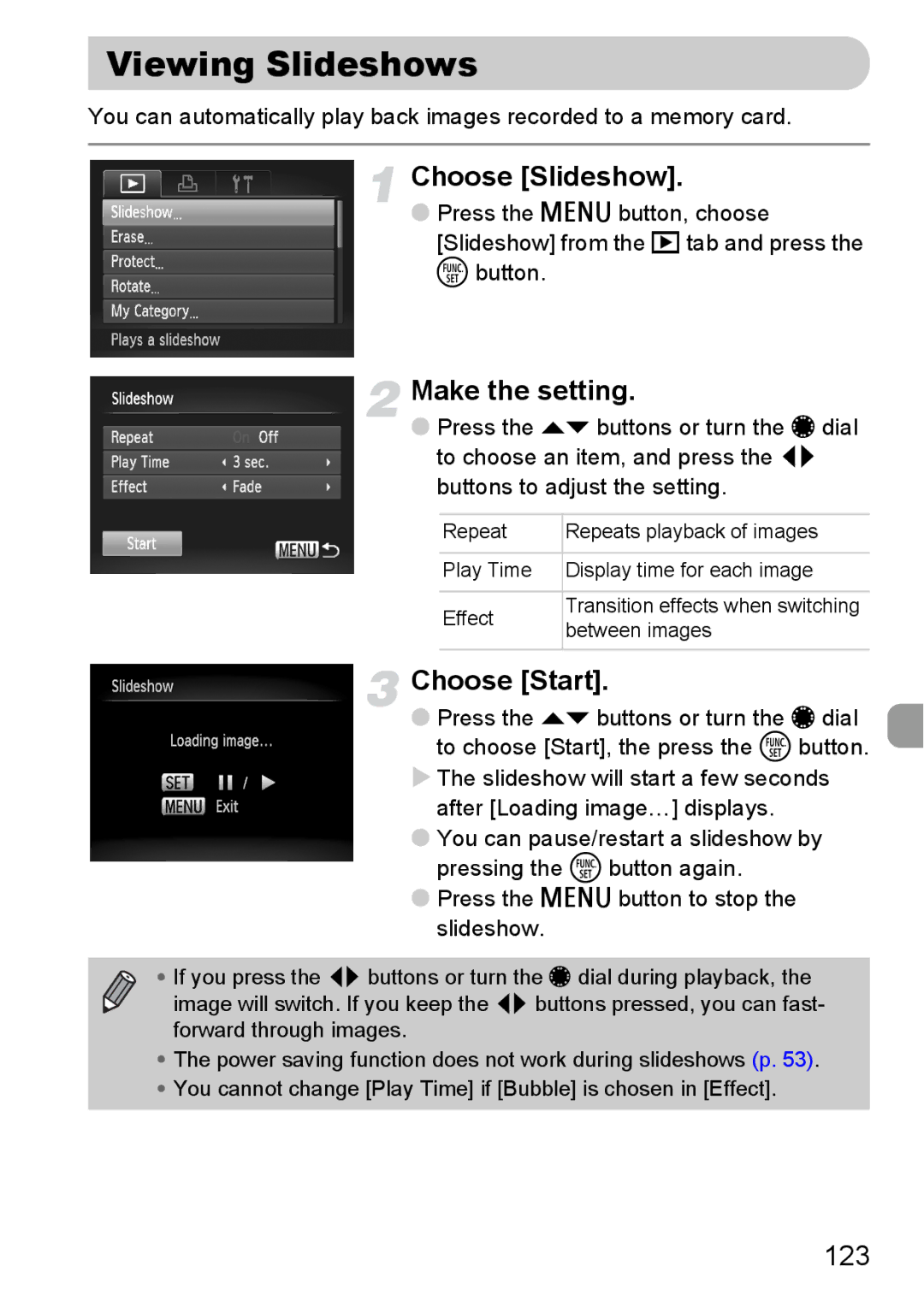 Canon S90 manual Viewing Slideshows, Choose Slideshow, Choose Start, 123 