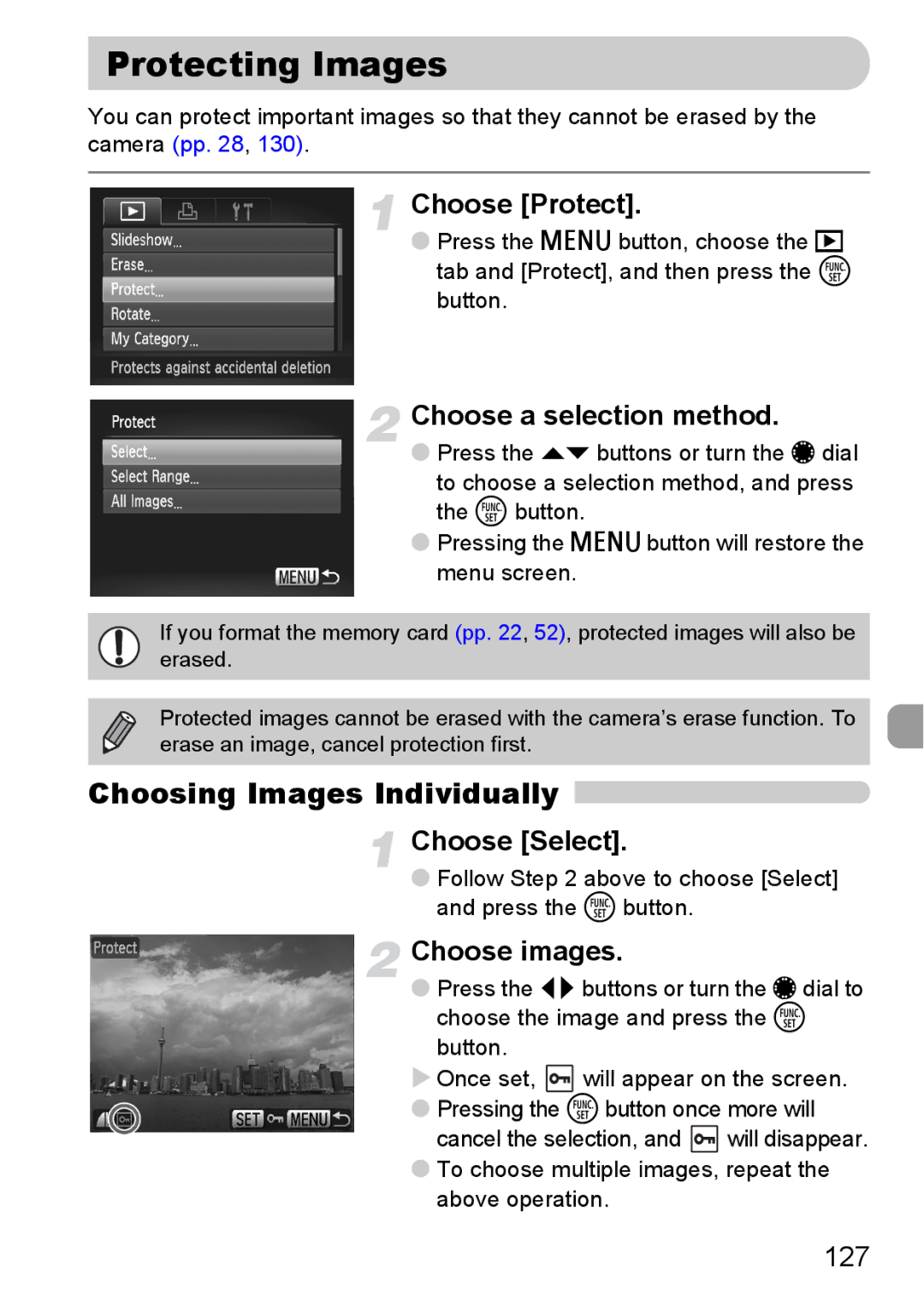 Canon S90 manual Protecting Images, Choosing Images Individually 