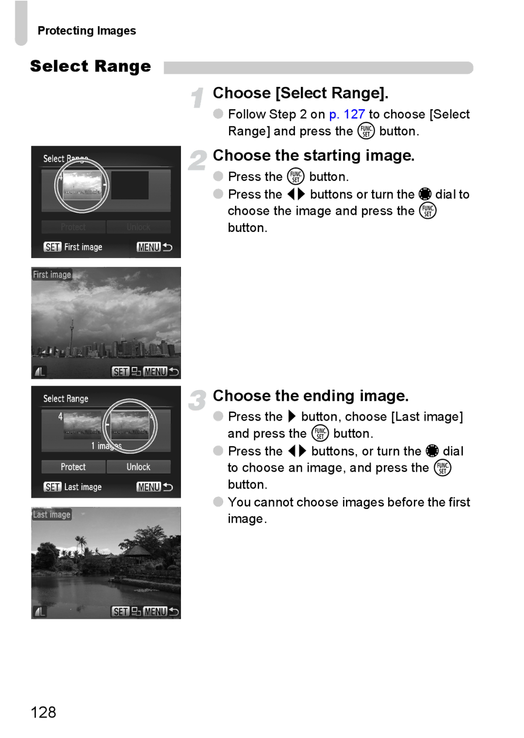 Canon S90 manual Choose Select Range, Choose the starting image, Choose the ending image, 128 