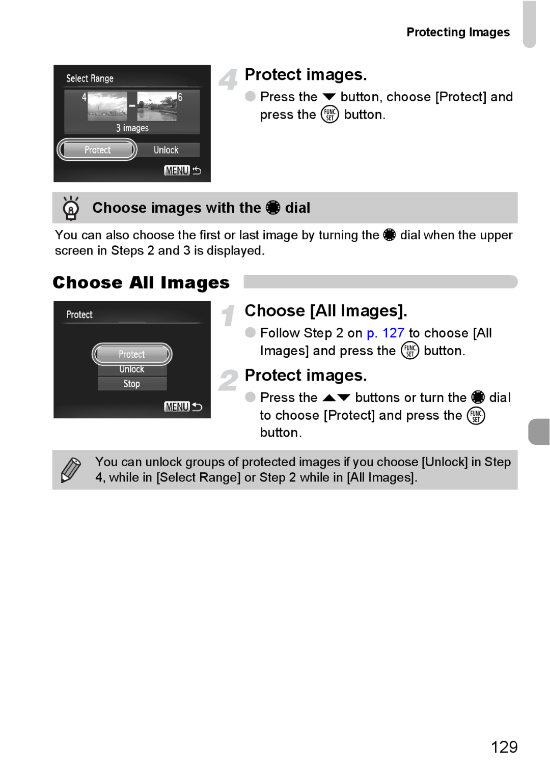 Canon S90 manual Choose All Images, Protect images, 129, Choose images with the Ê dial 