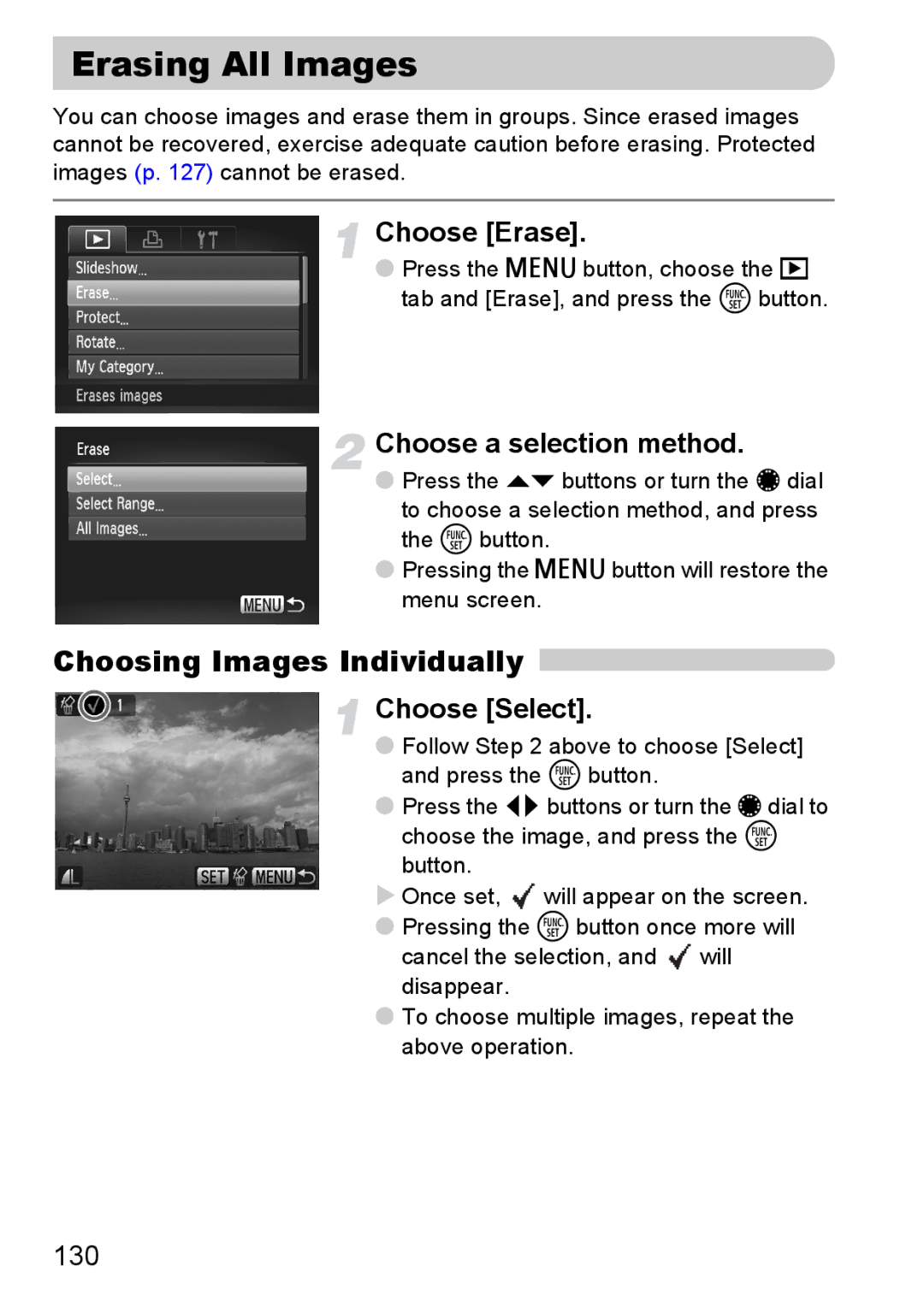 Canon S90 manual Erasing All Images, Choose Erase, 130 