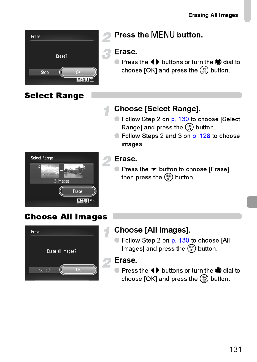 Canon S90 manual Press the n button Erase, 131, Erasing All Images 