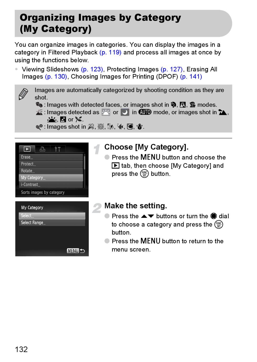 Canon S90 manual Organizing Images by Category My Category, Choose My Category, 132 