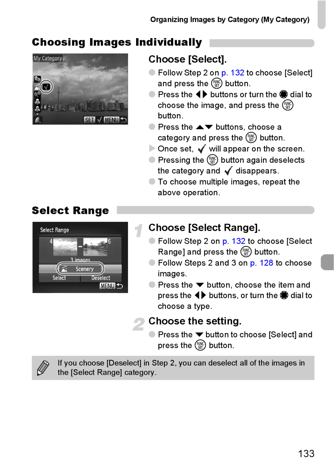 Canon S90 manual Choose the setting, 133, Organizing Images by Category My Category 