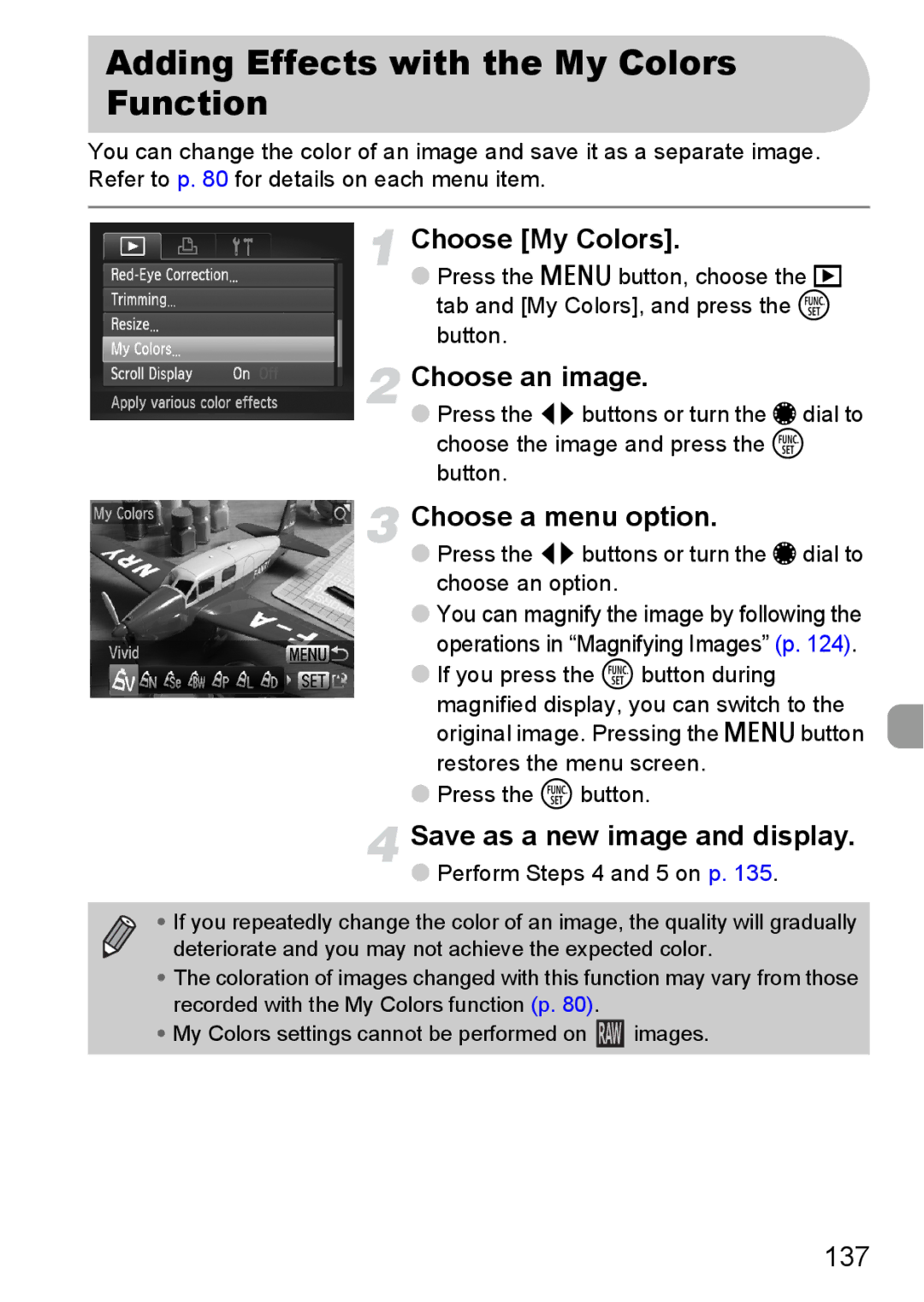 Canon S90 manual Adding Effects with the My Colors Function, Choose a menu option, 137 