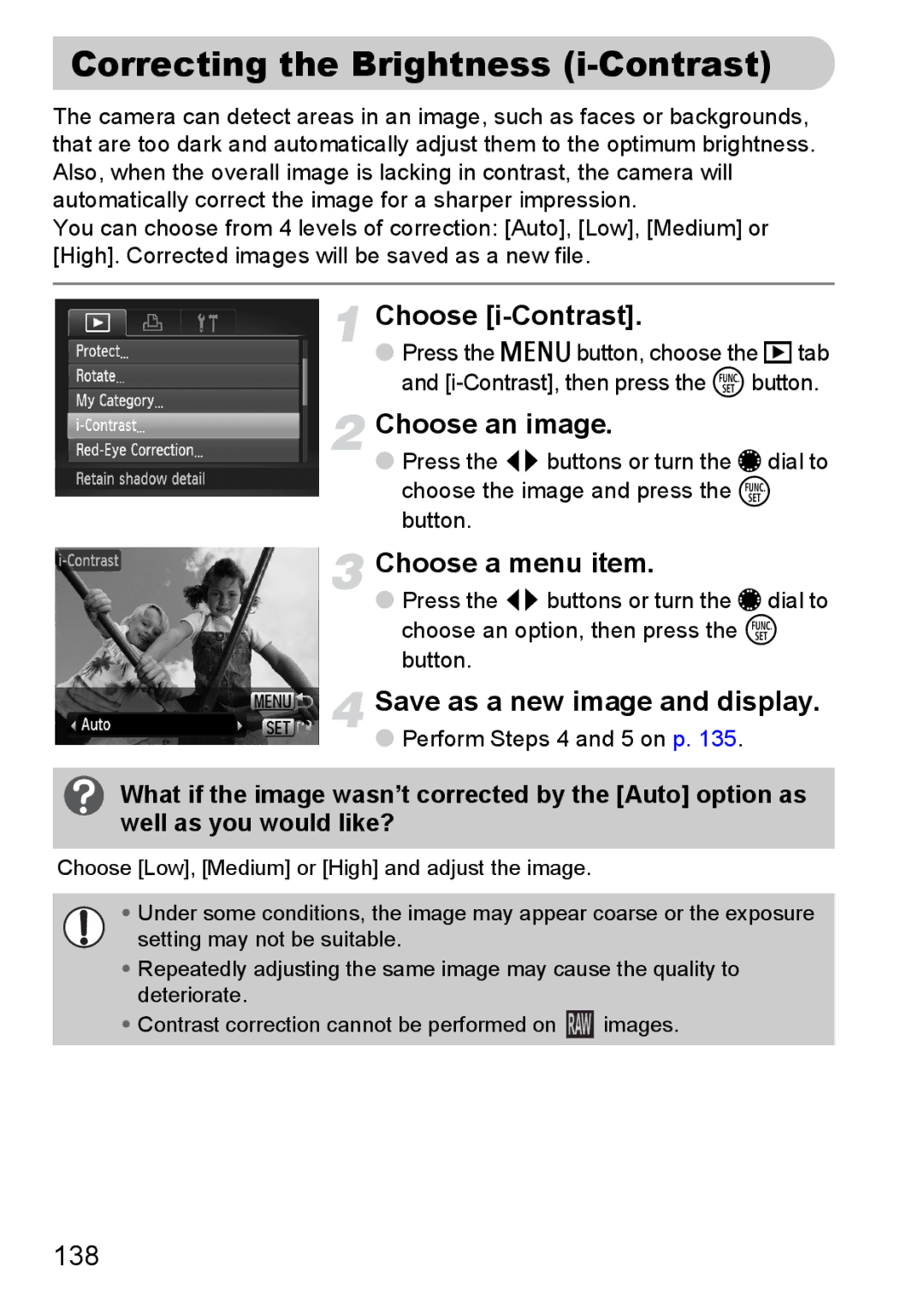 Canon S90 manual Correcting the Brightness i-Contrast, 138 