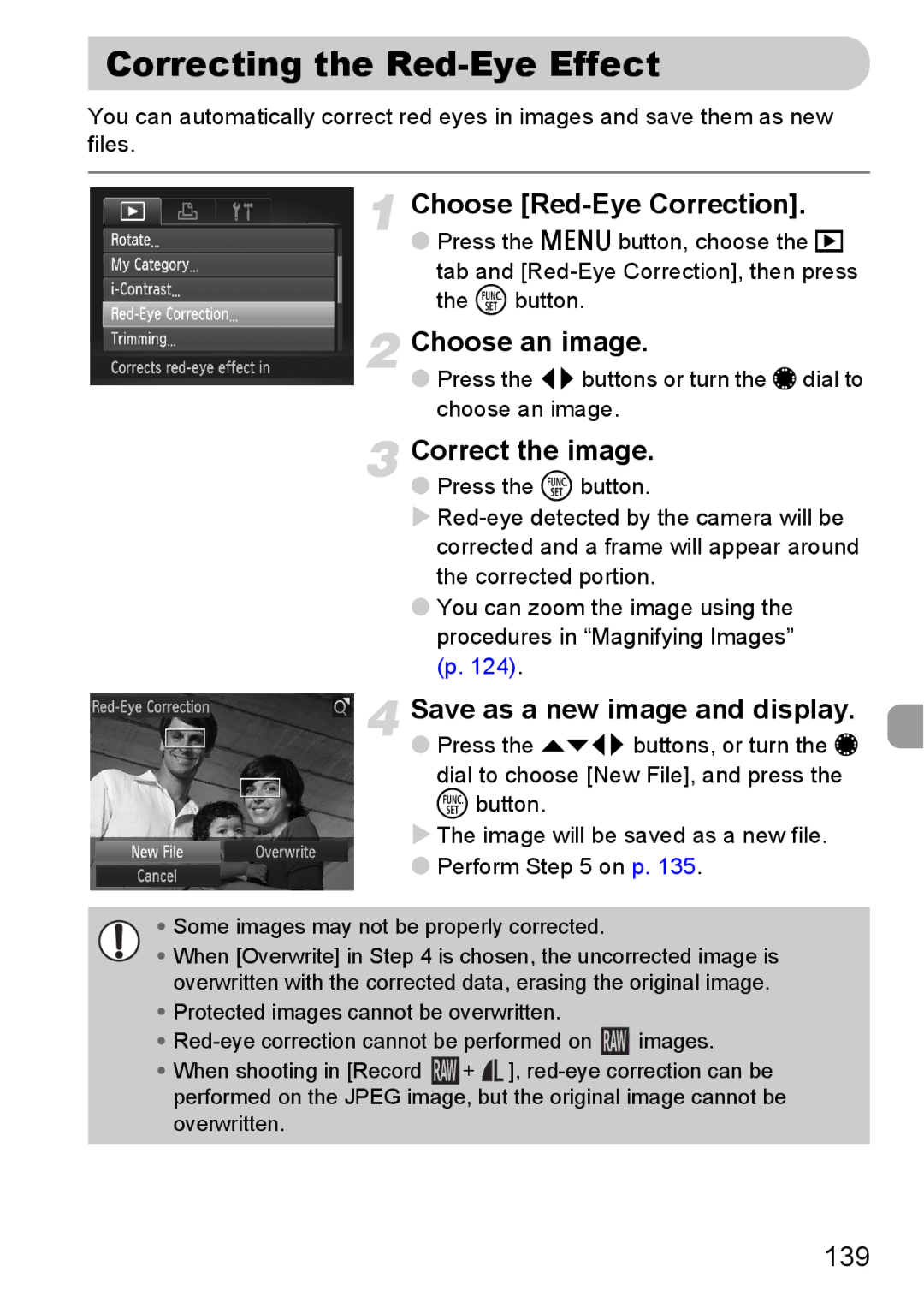 Canon S90 manual Correcting the Red-Eye Effect, Choose Red-Eye Correction, Correct the image, 139 