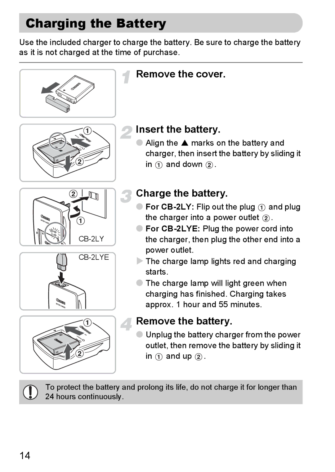 Canon S90 manual Charging the Battery, Remove the cover Insert the battery, Charge the battery, Remove the battery 