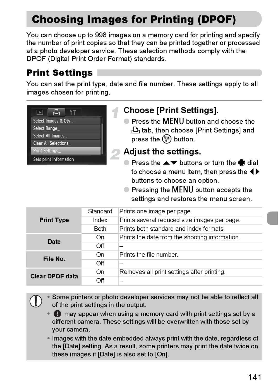 Canon S90 manual Choosing Images for Printing Dpof, Choose Print Settings, 141, Print Type Date File No Clear Dpof data 