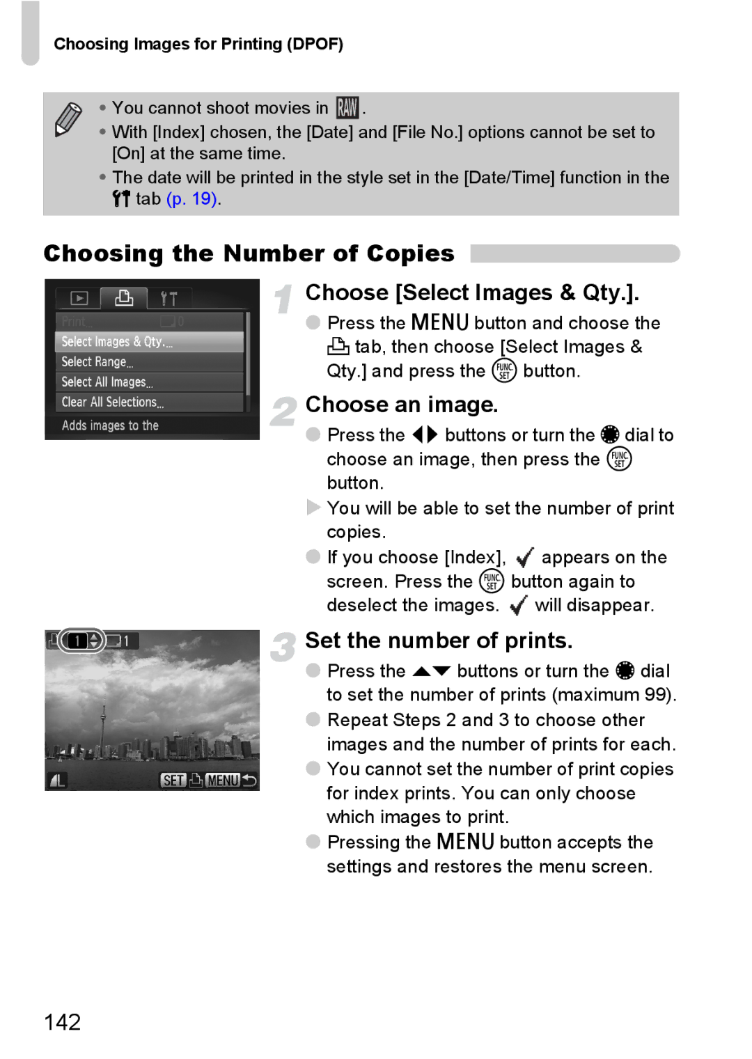 Canon S90 manual Choosing the Number of Copies, Choose Select Images & Qty, Set the number of prints, 142 