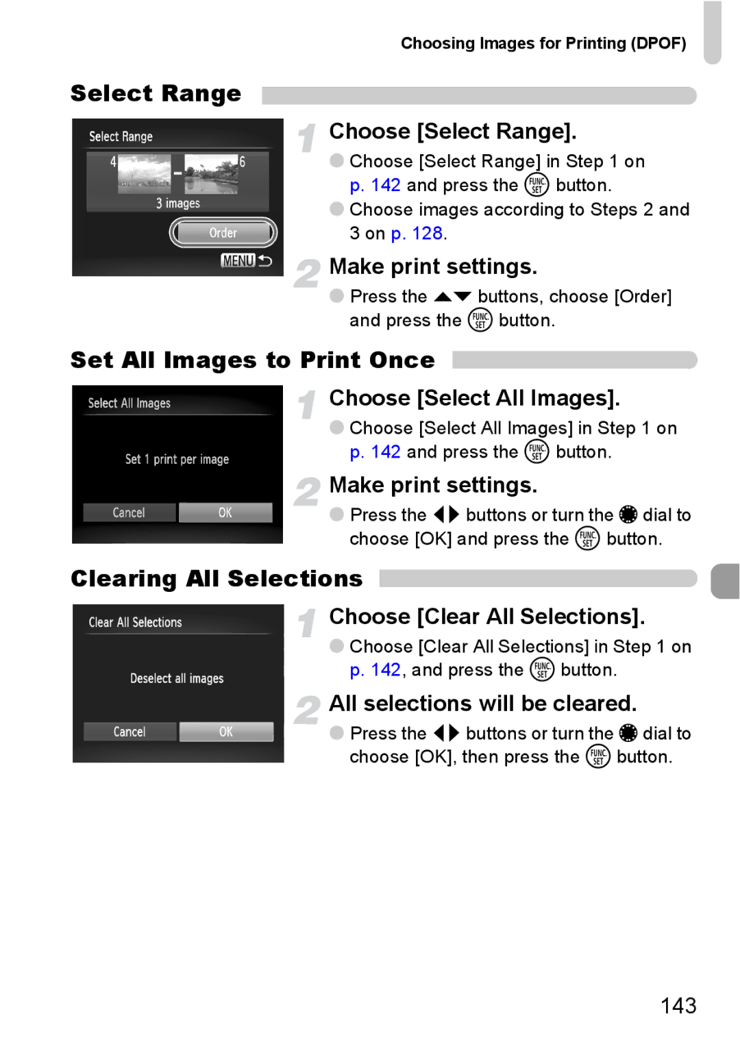 Canon S90 manual Set All Images to Print Once, Clearing All Selections 