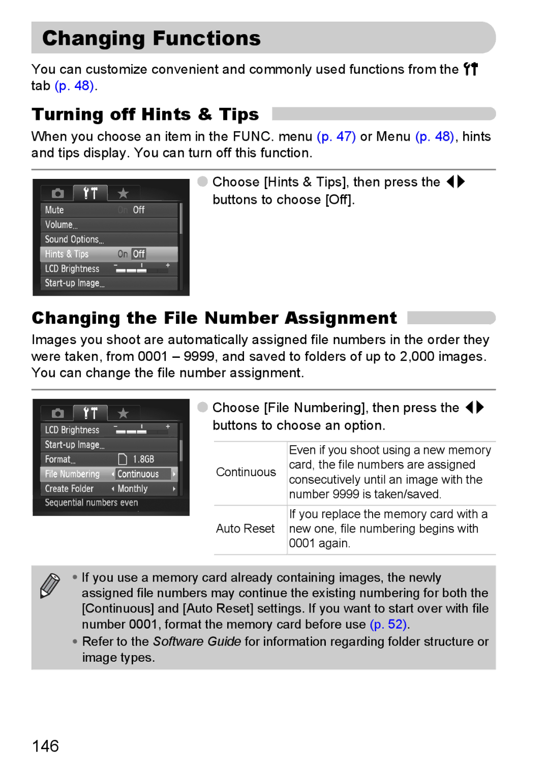 Canon S90 manual Changing Functions, Turning off Hints & Tips, Changing the File Number Assignment, 146 