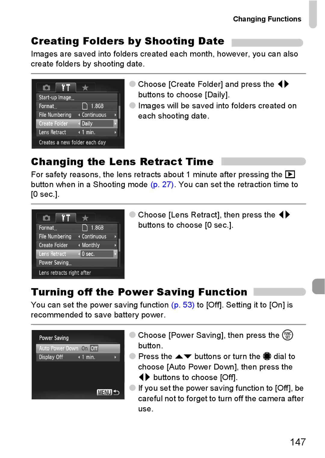 Canon S90 Creating Folders by Shooting Date, Changing the Lens Retract Time, Turning off the Power Saving Function, 147 