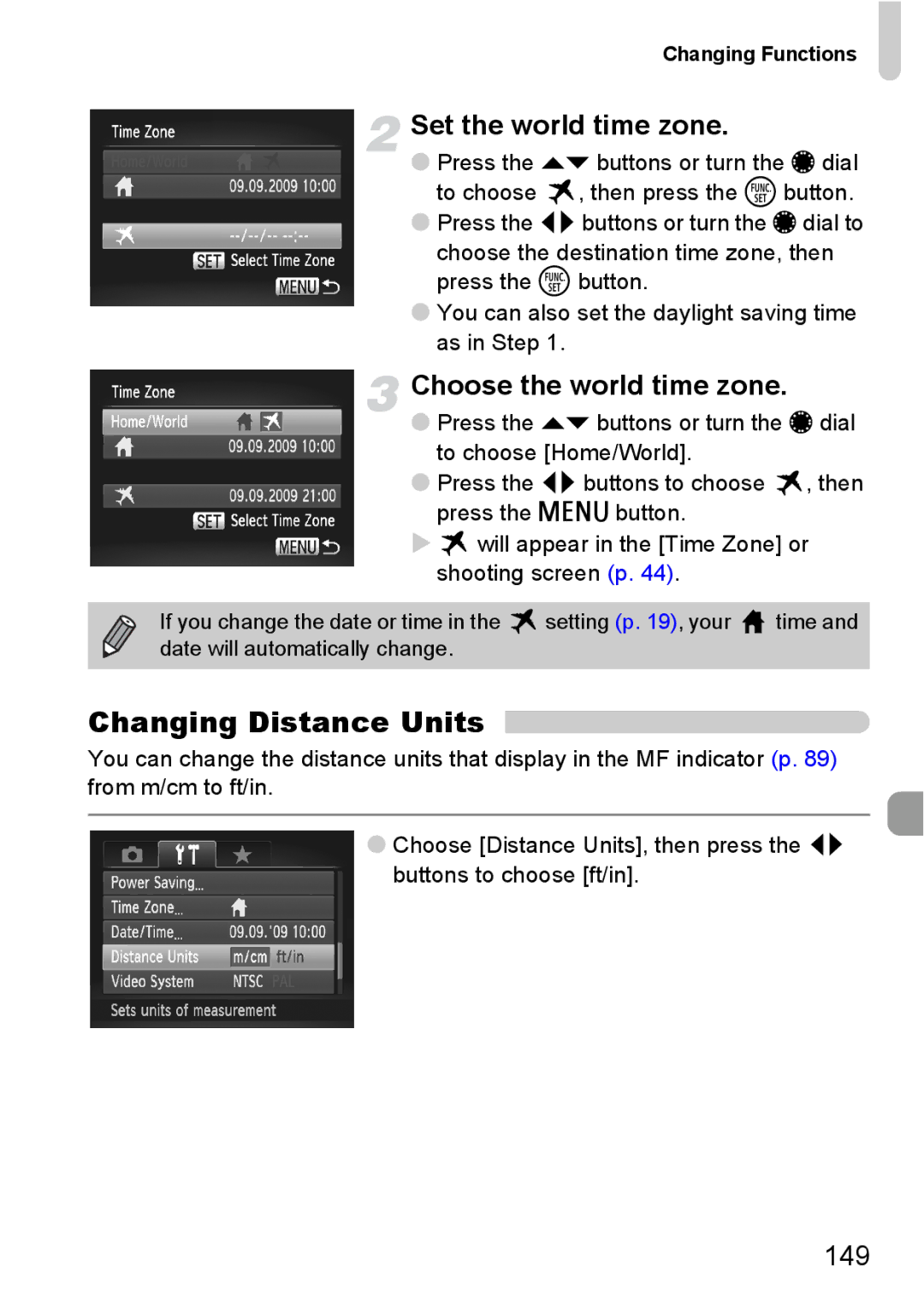 Canon S90 manual Changing Distance Units, Set the world time zone, Choose the world time zone, 149 