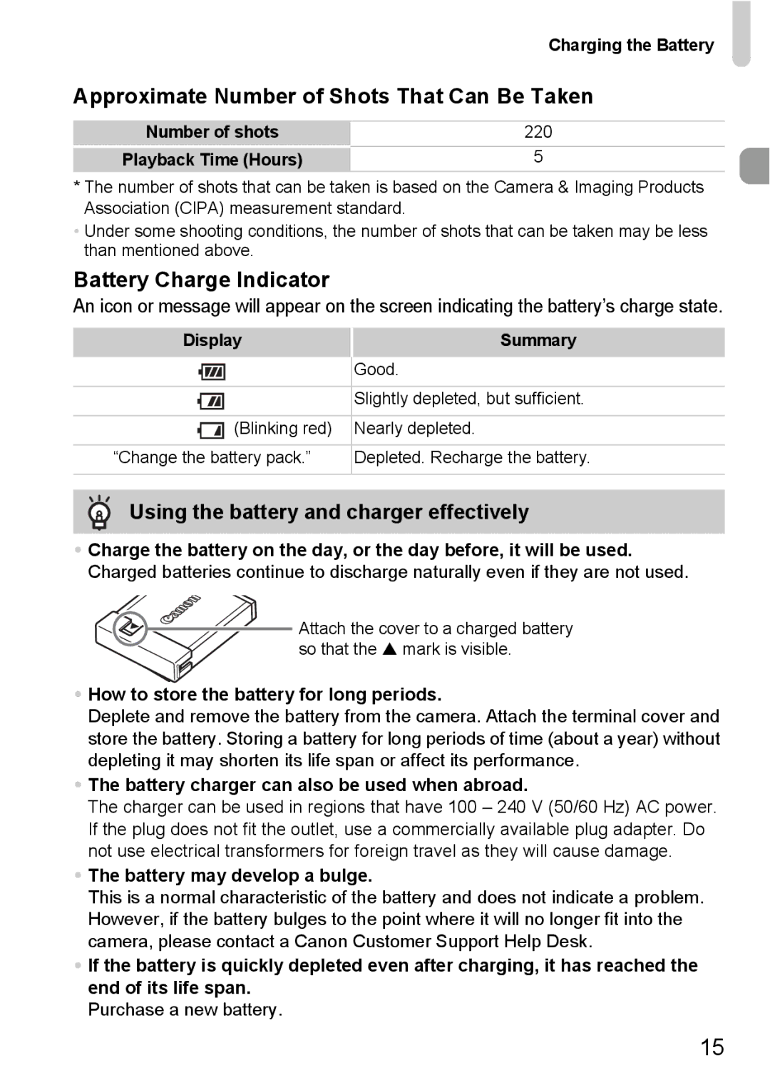 Canon S90 manual Approximate Number of Shots That Can Be Taken, Battery Charge Indicator 