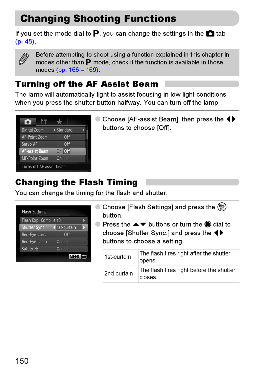 Canon S90 manual Changing Shooting Functions, Turning off the AF Assist Beam, Changing the Flash Timing, 150 