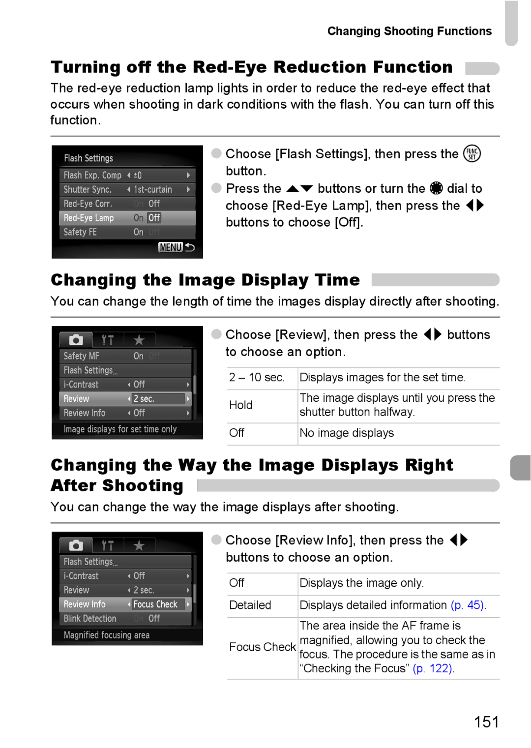 Canon S90 Turning off the Red-Eye Reduction Function, Changing the Image Display Time, 151, Changing Shooting Functions 