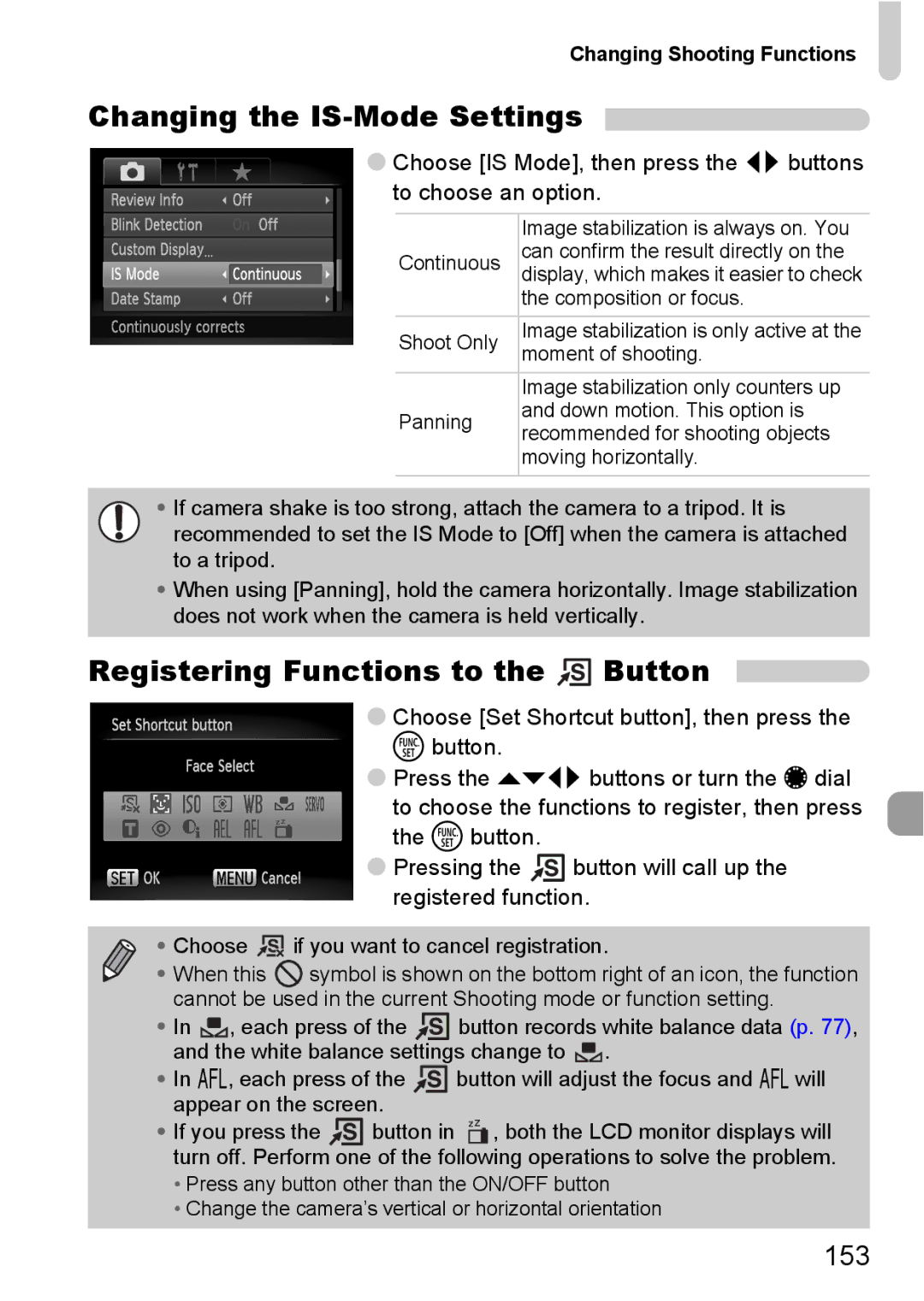 Canon S90 manual Changing the IS-Mode Settings, Registering Functions to the Button, 153 